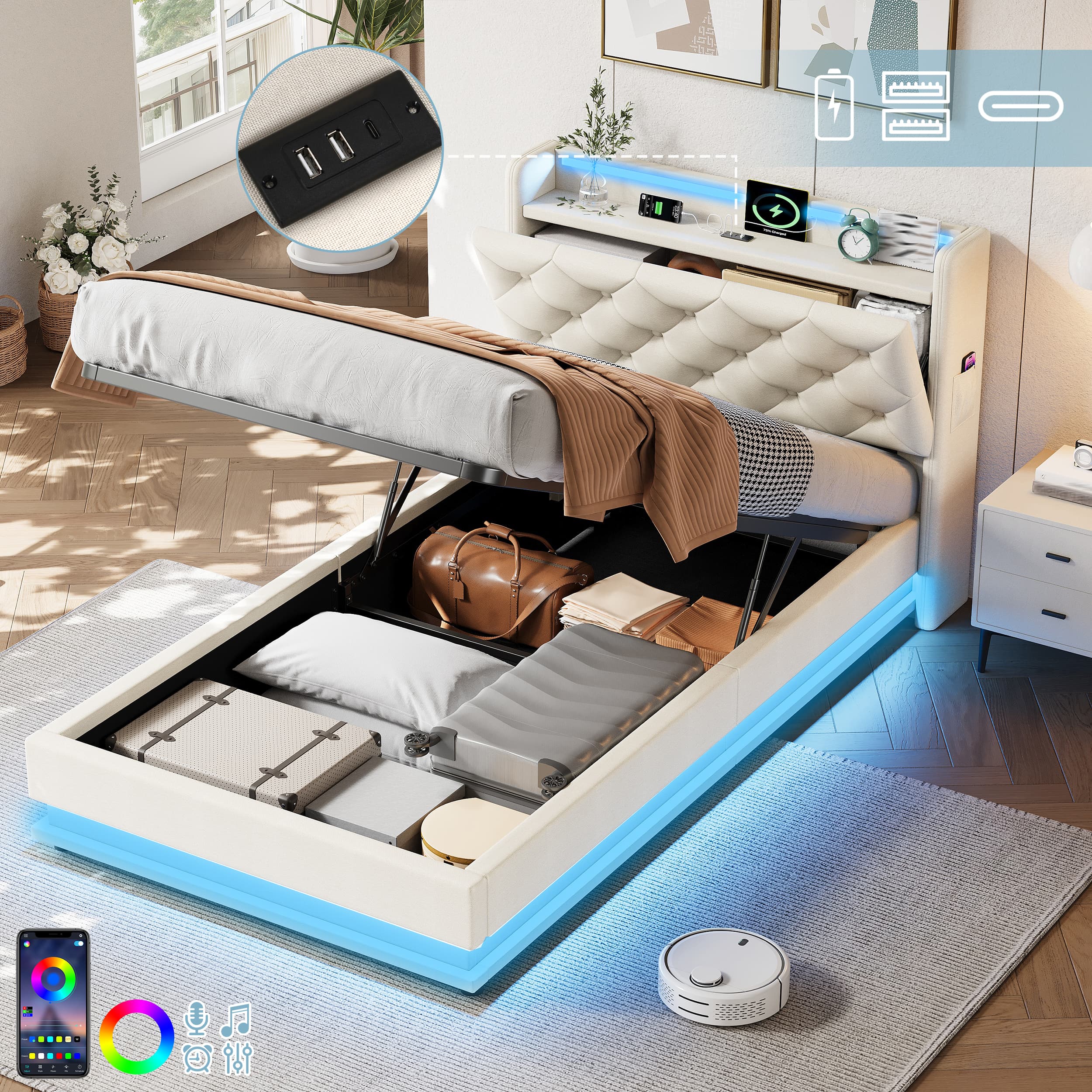 Smart Storage Bed with LEDs & Built-in USB-C Charging - Beige