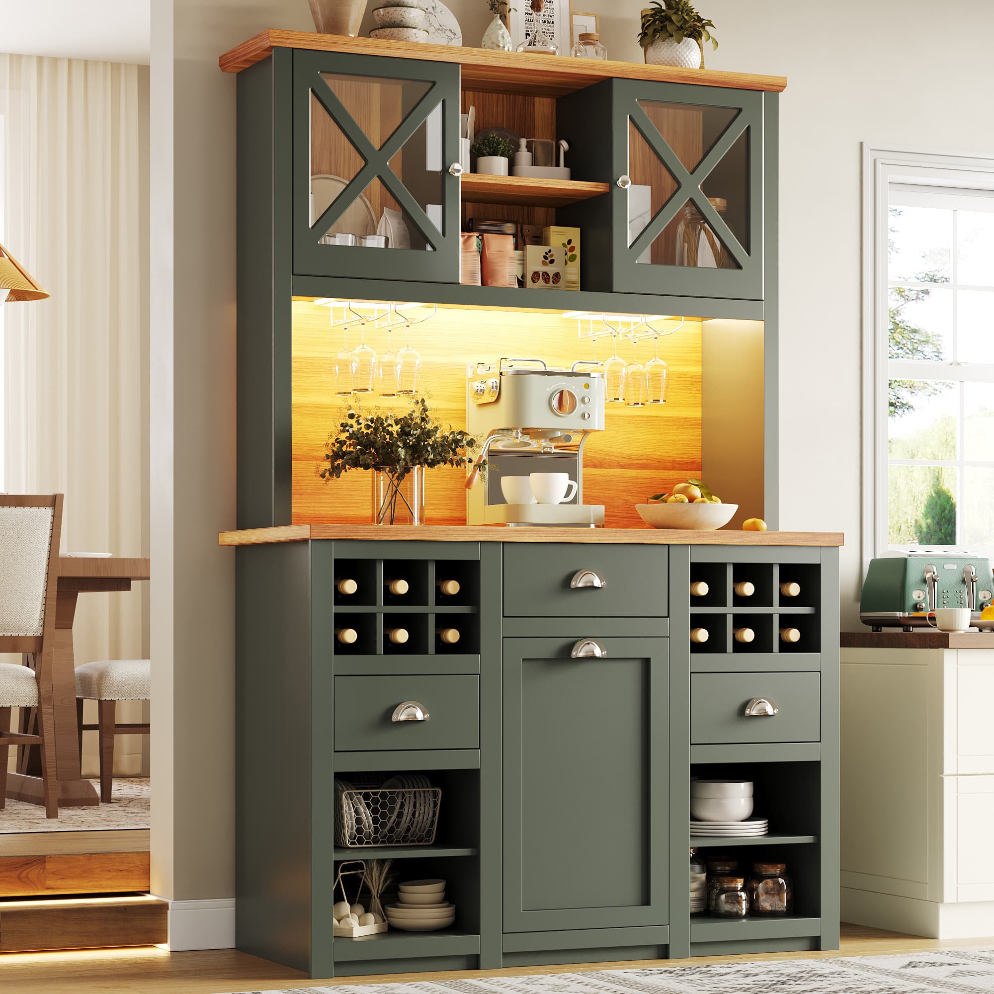 Green Sideboard with Glass Doors, Wine Rack & Power Outlets - image 2