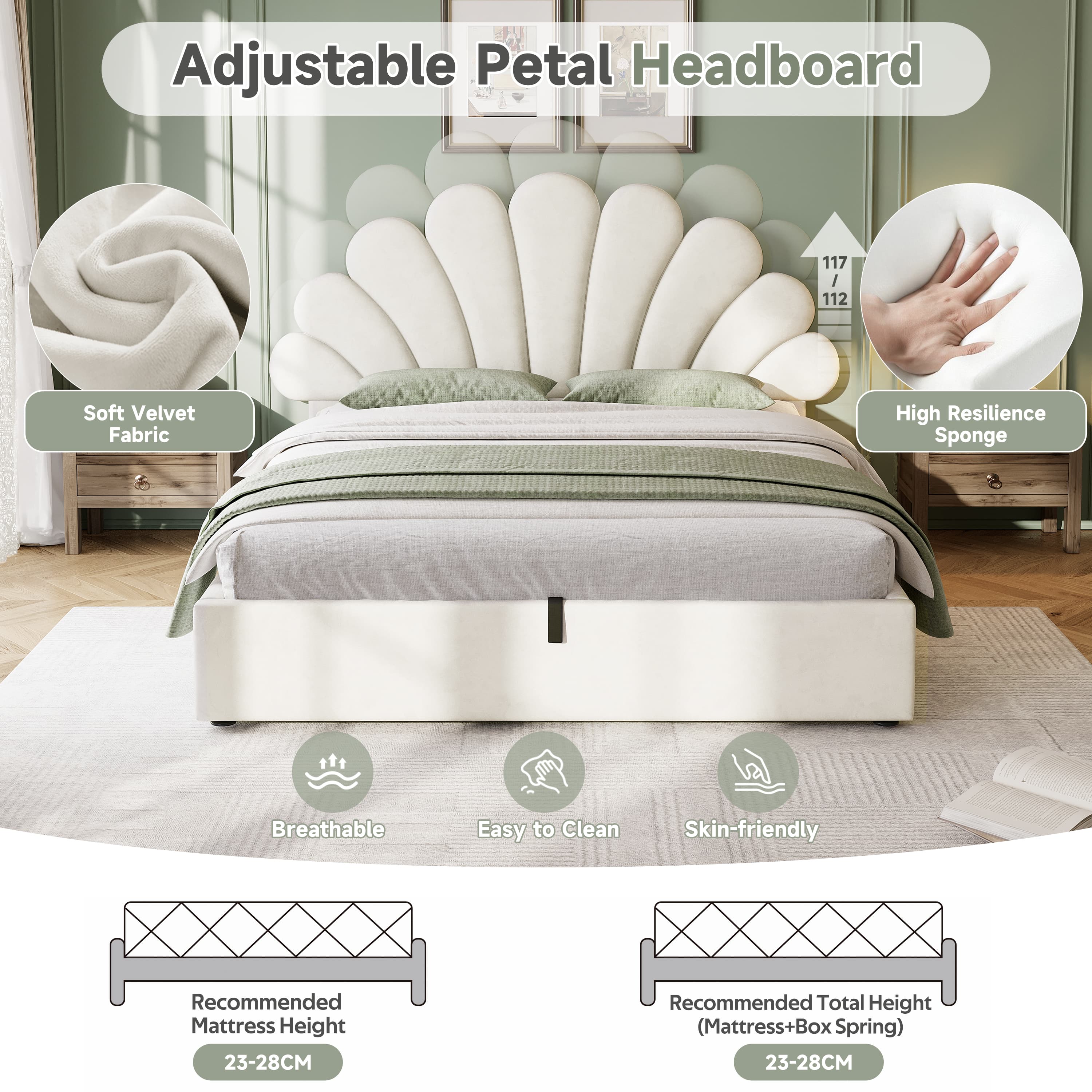 Chic Petal Headboard Bed with Effortless Hydraulic Storage - image 1