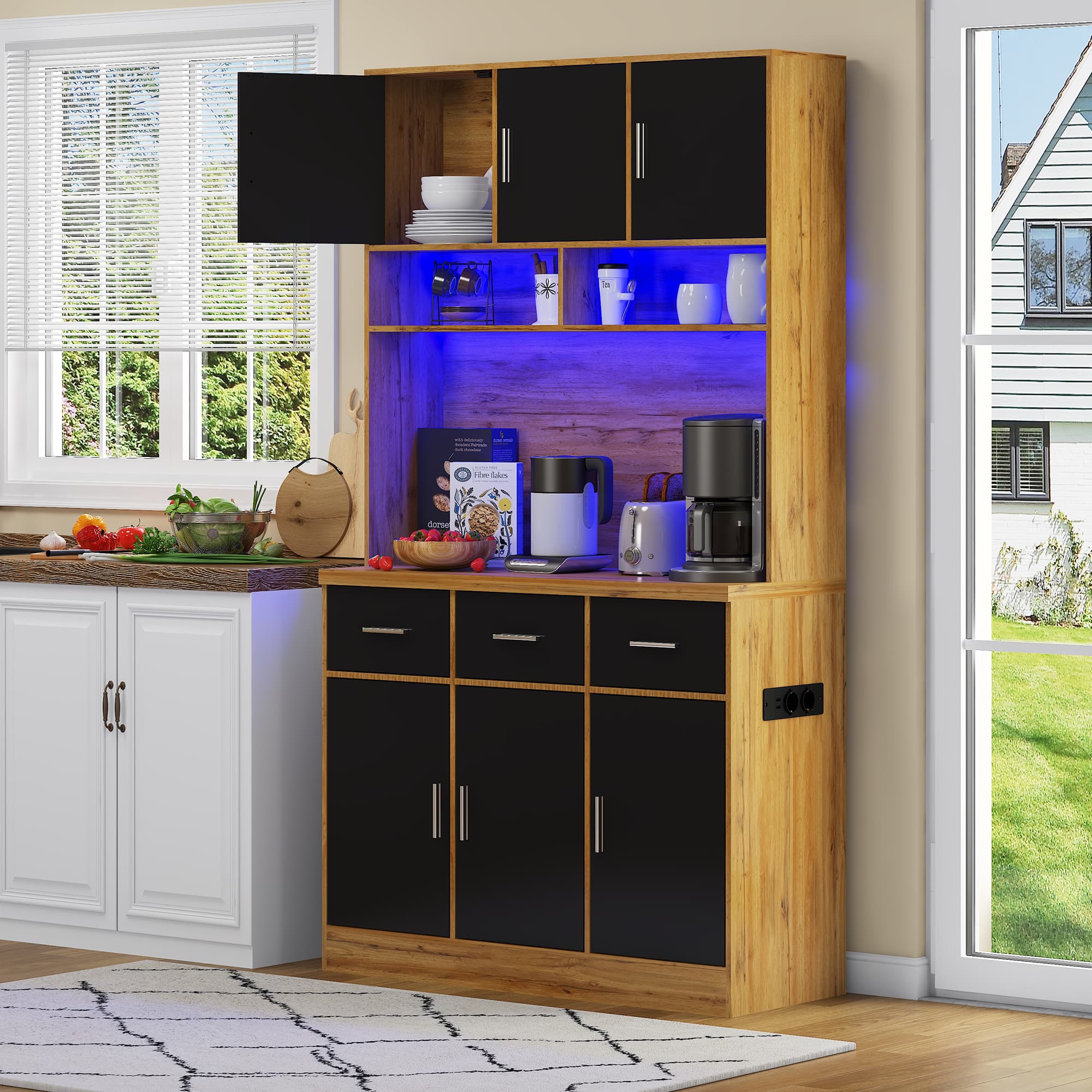 Smart Kitchen Storage Cabinet with LEDs & Charging Station - Natural Black