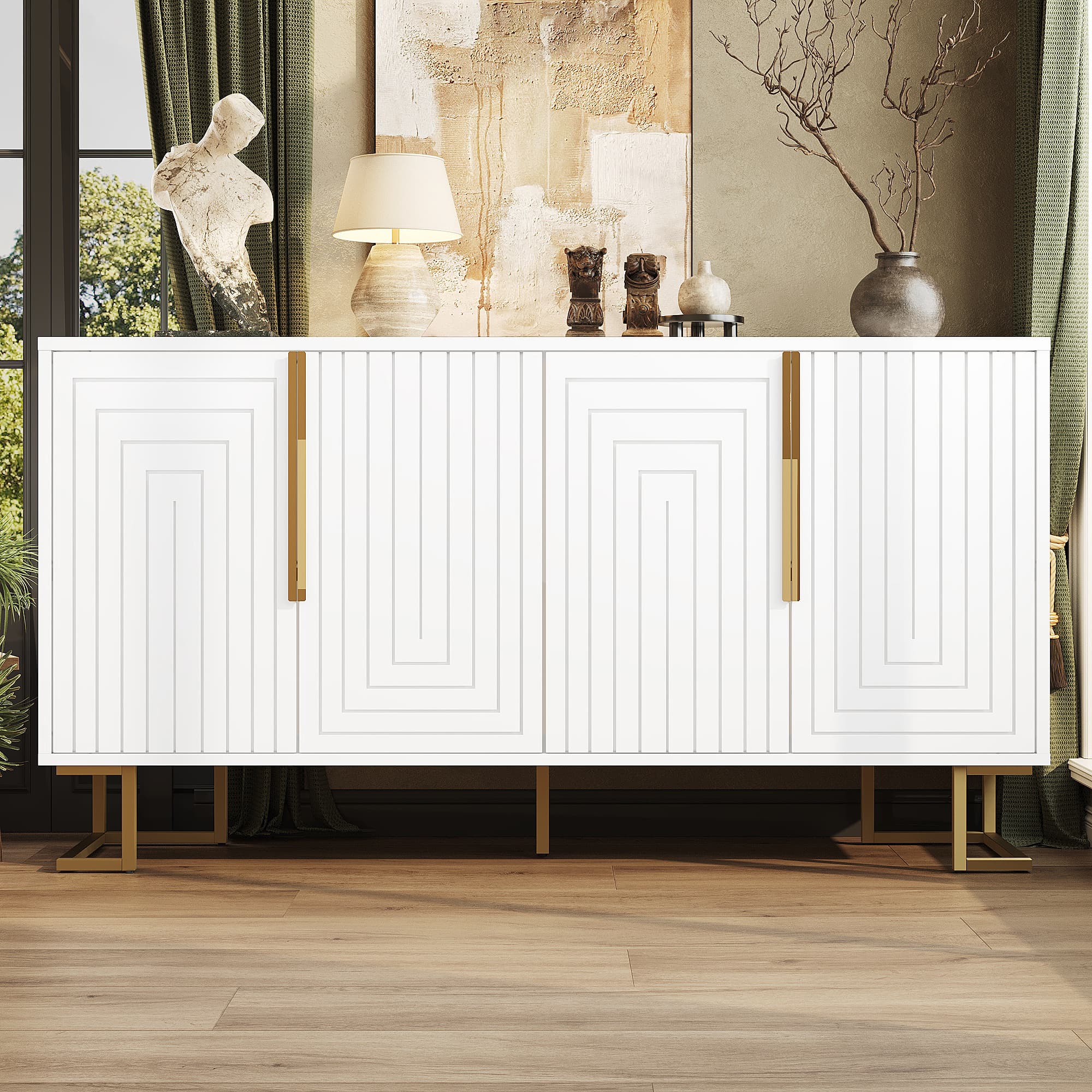 Elegant White & Gold Sideboard with Geometric Doors