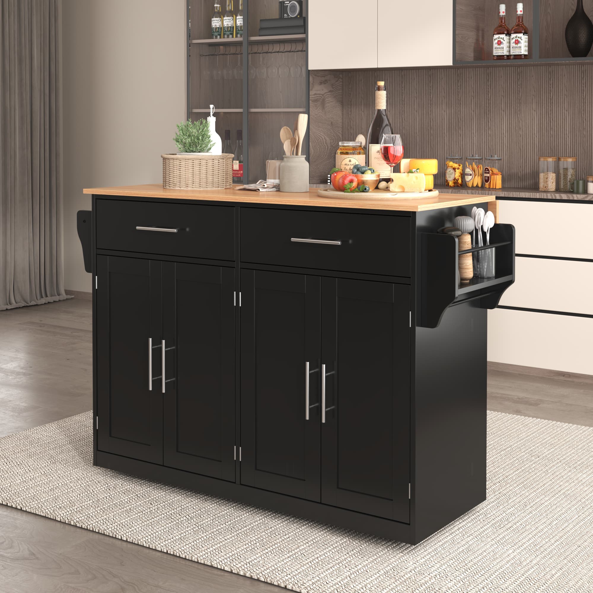 Versatile Kitchen Island Cart with Expandable Dropleaf Top - Black Natural