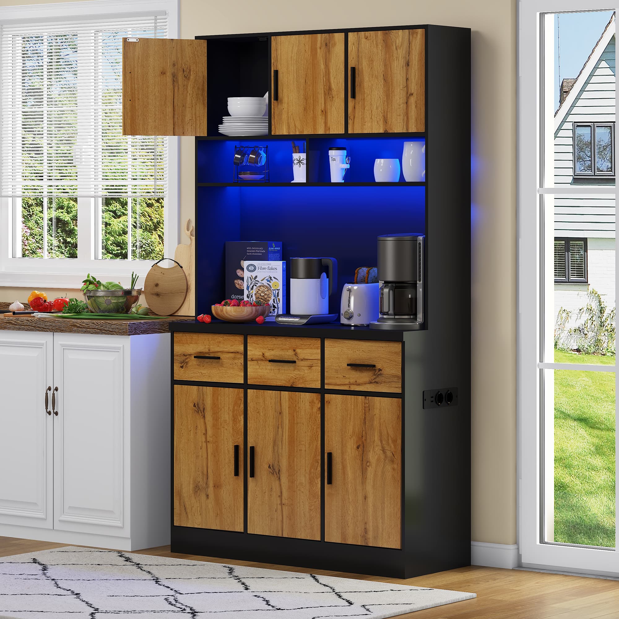 Smart Kitchen Pantry Cabinet with LEDs & Charging Station - Black Natural