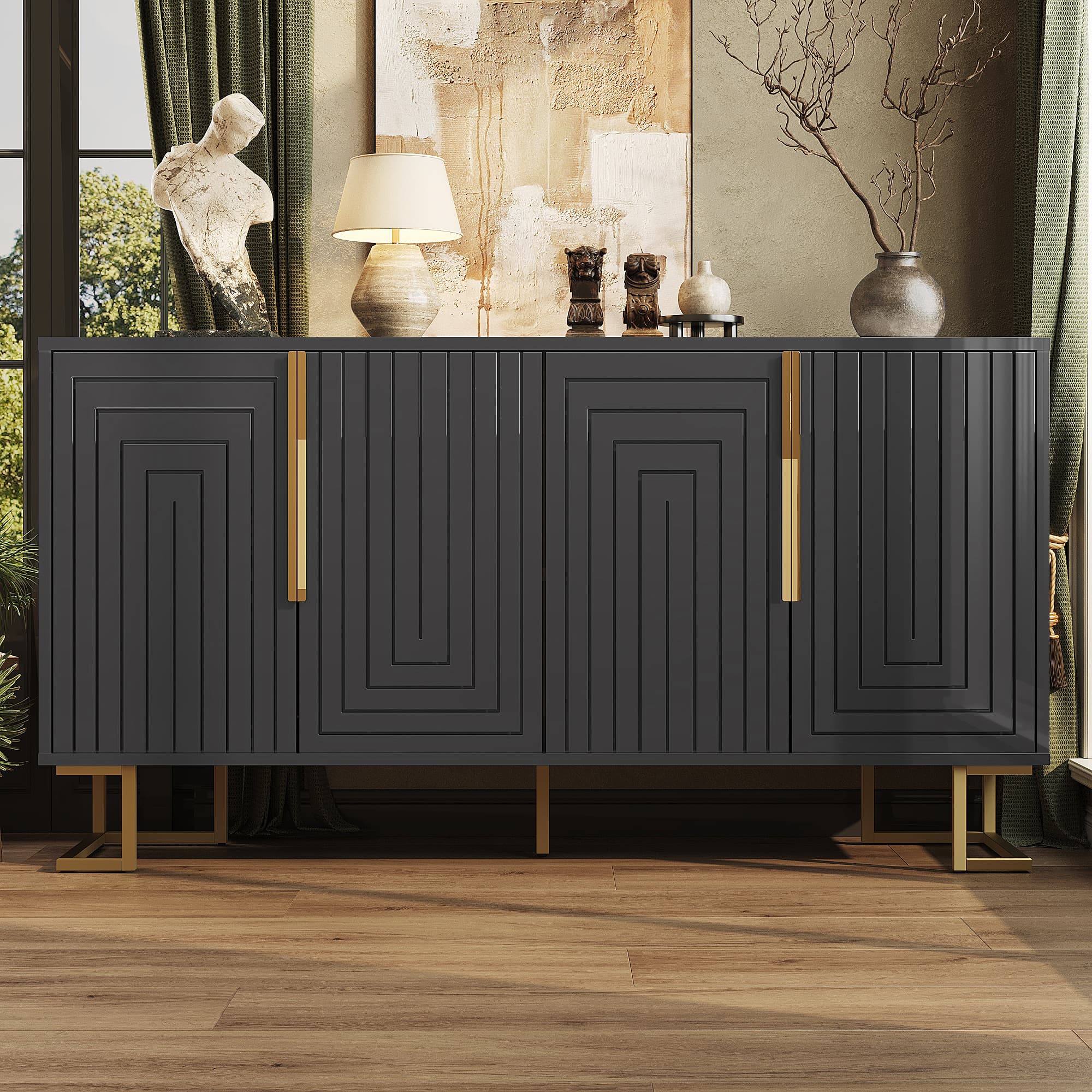 Elegant Black Storage Sideboard with Gold Accents