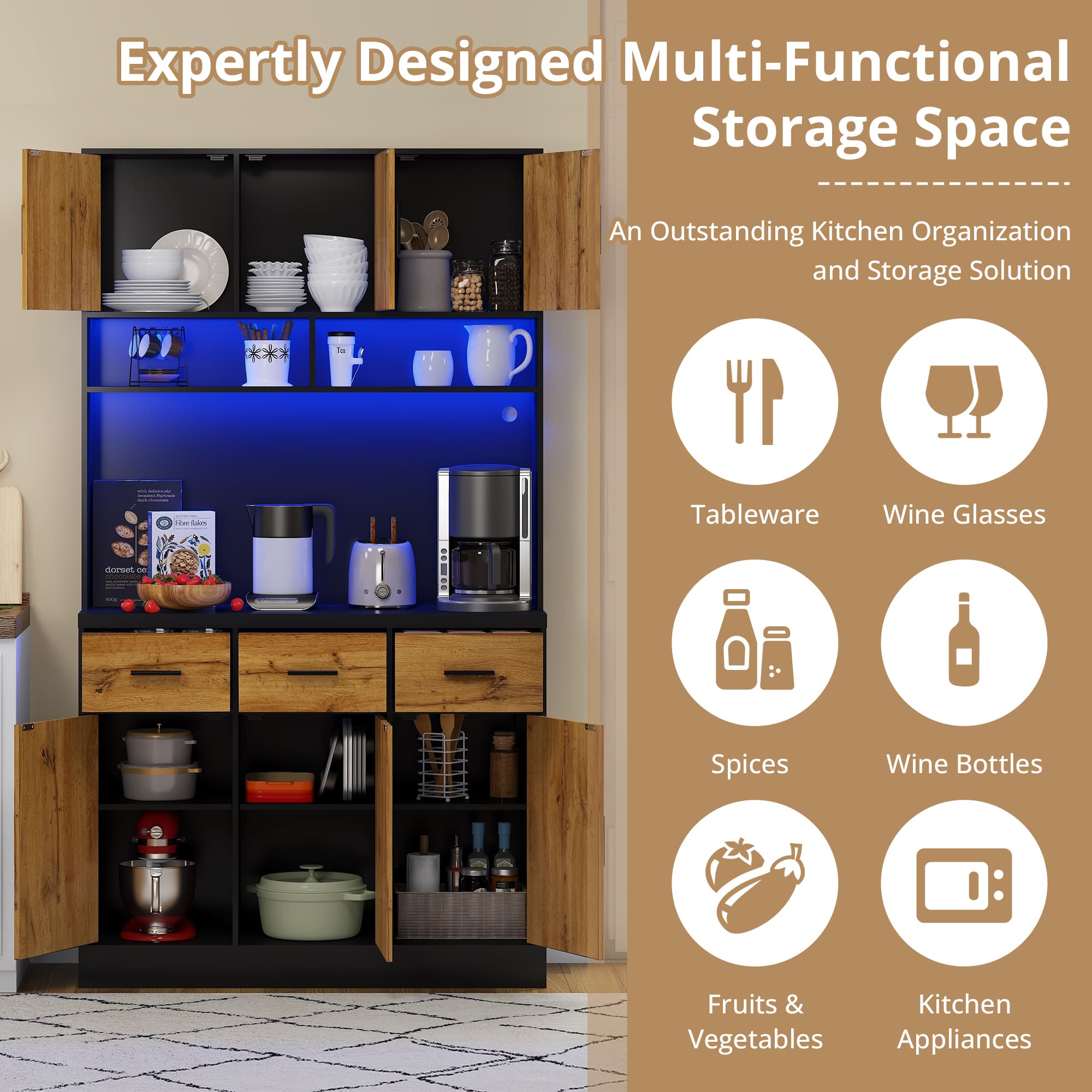 Smart Kitchen Pantry Cabinet with LEDs & Charging Station - image 3