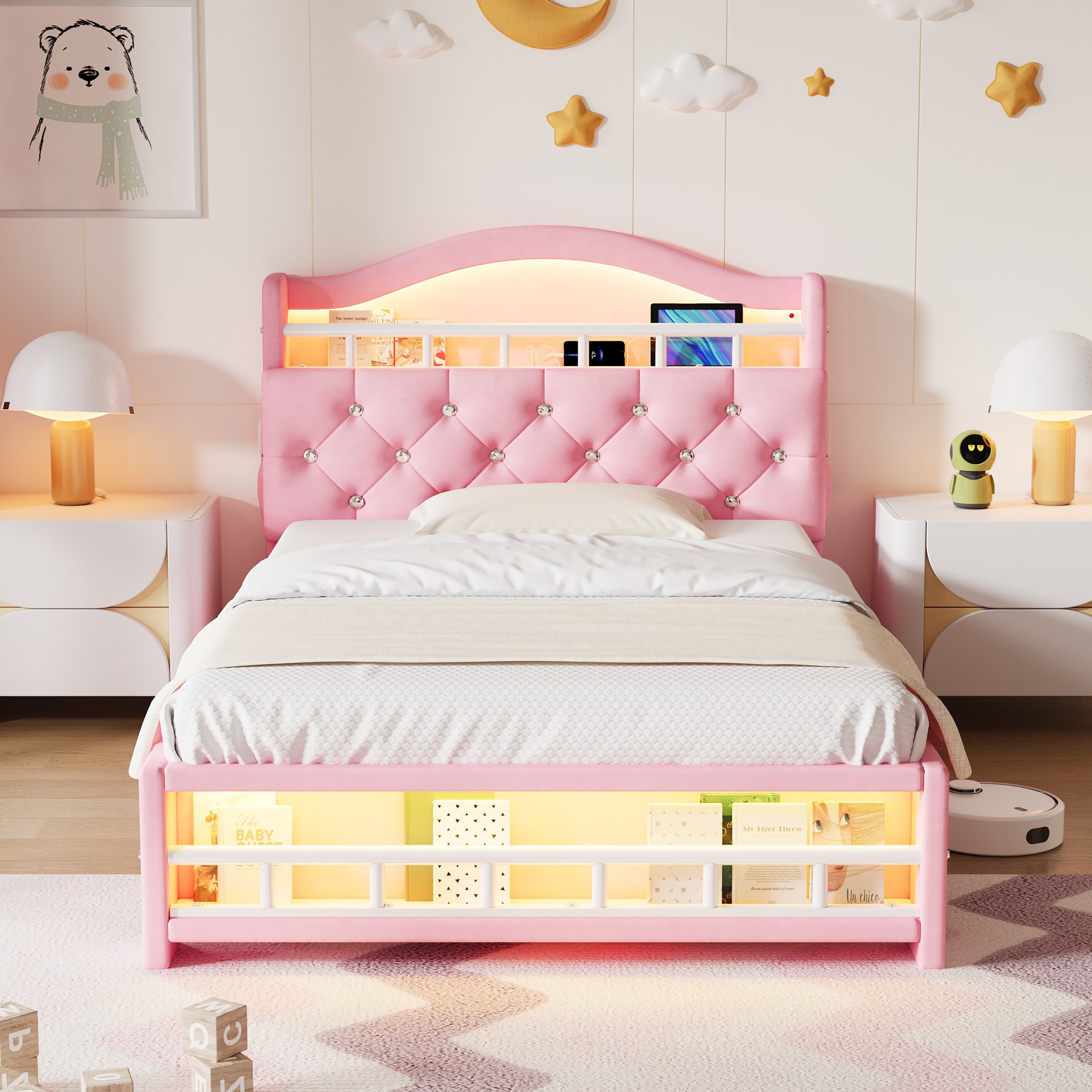 Pink Velvet Bed with Smart Storage & Ambient LED Lighting - image 5
