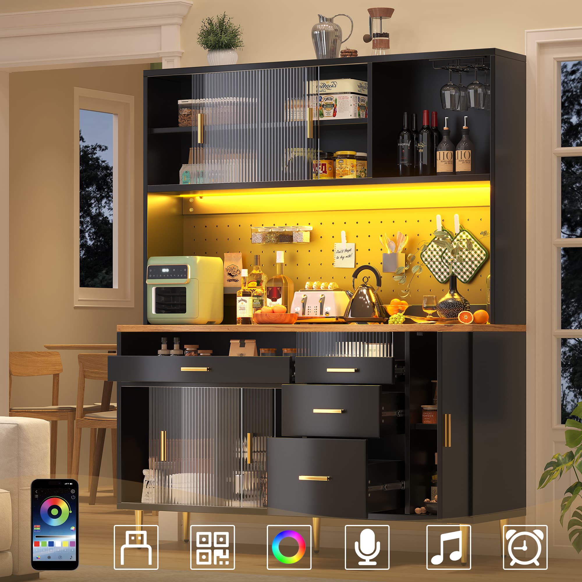 Modern Highboard with LED Lighting & Pegboard Storage - Black