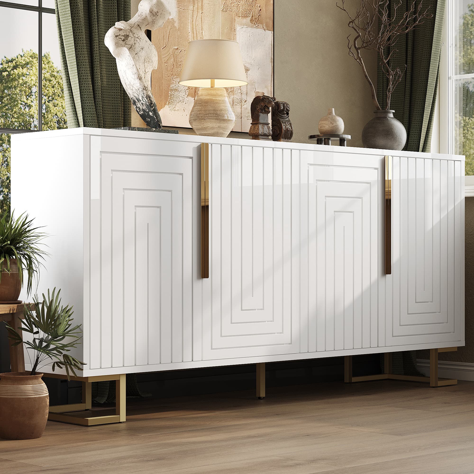 Elegant White & Gold Sideboard with Geometric Doors - image 1