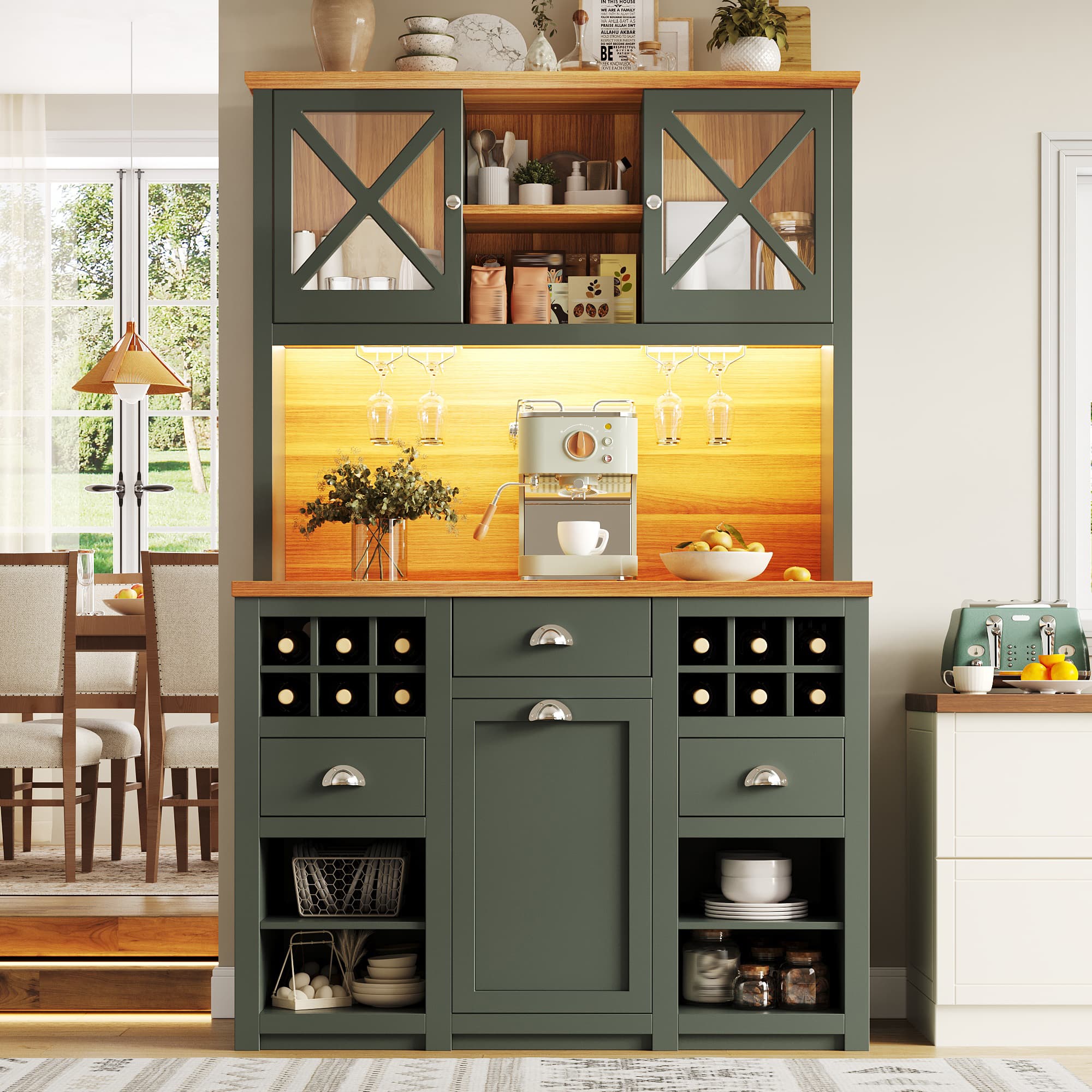 Green Sideboard with Glass Doors, Wine Rack & Power Outlets - image 5