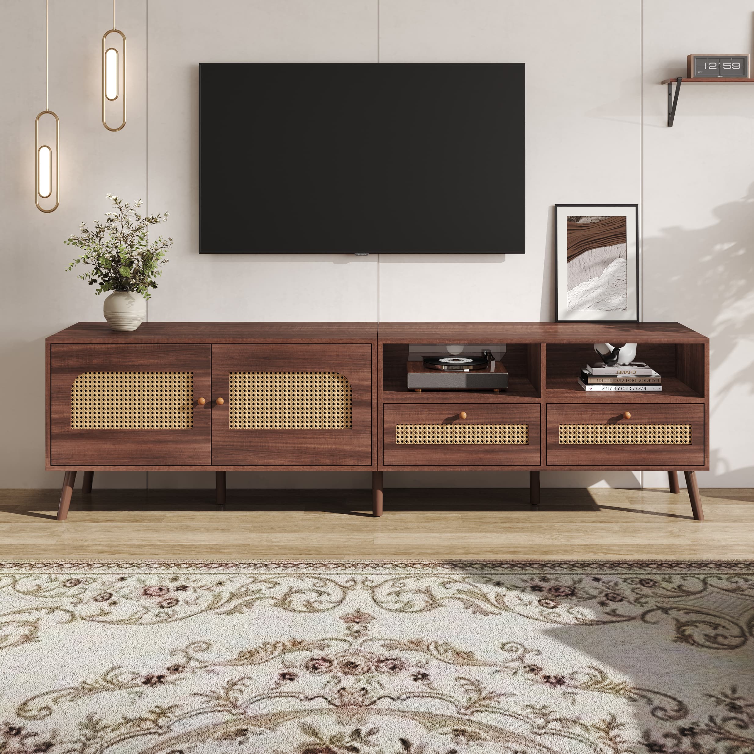 Stylish Rattan TV Unit for Screens up to 90 Inches - Wood