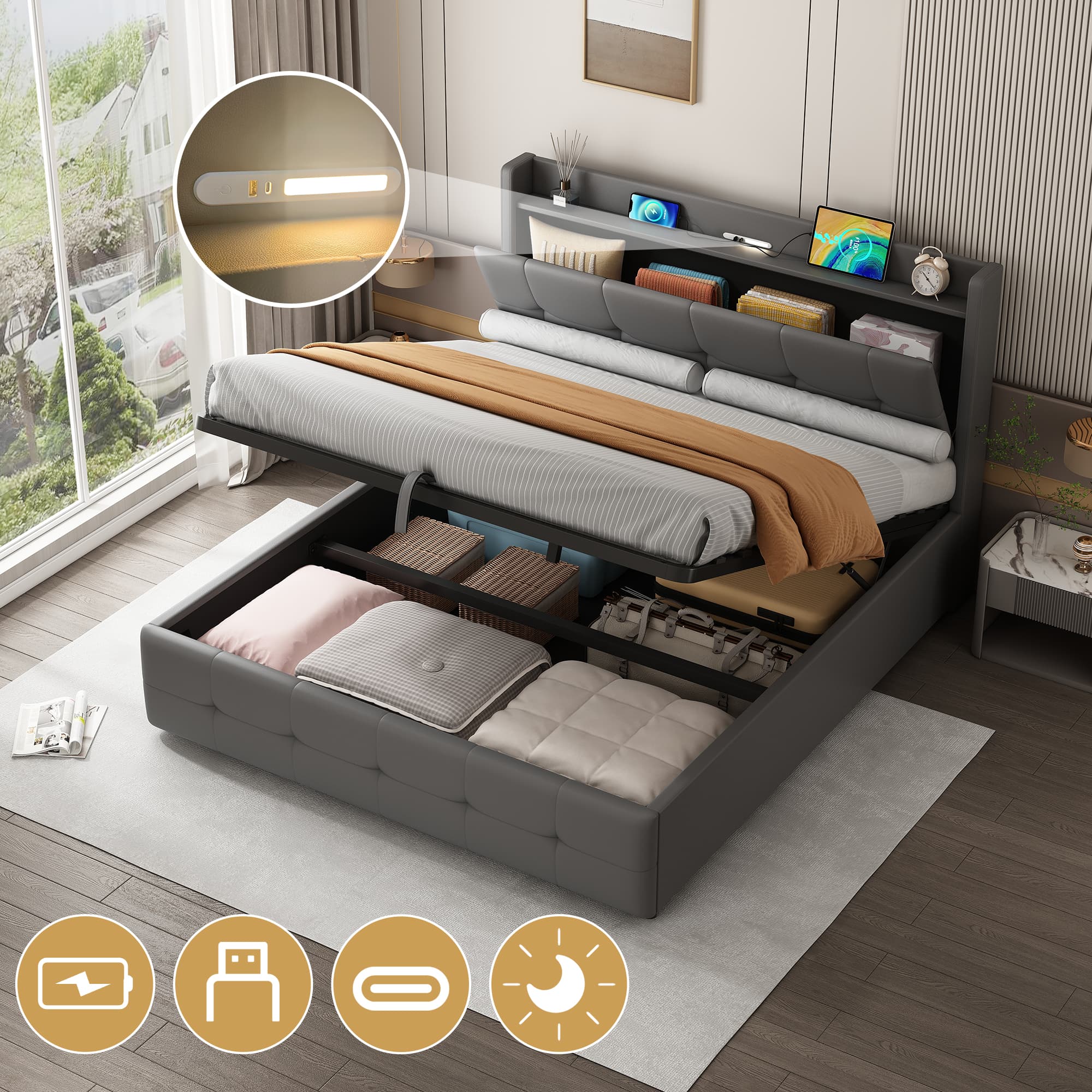 Transform Your Bedroom with Smart Storage & Modern Comfort - Grey