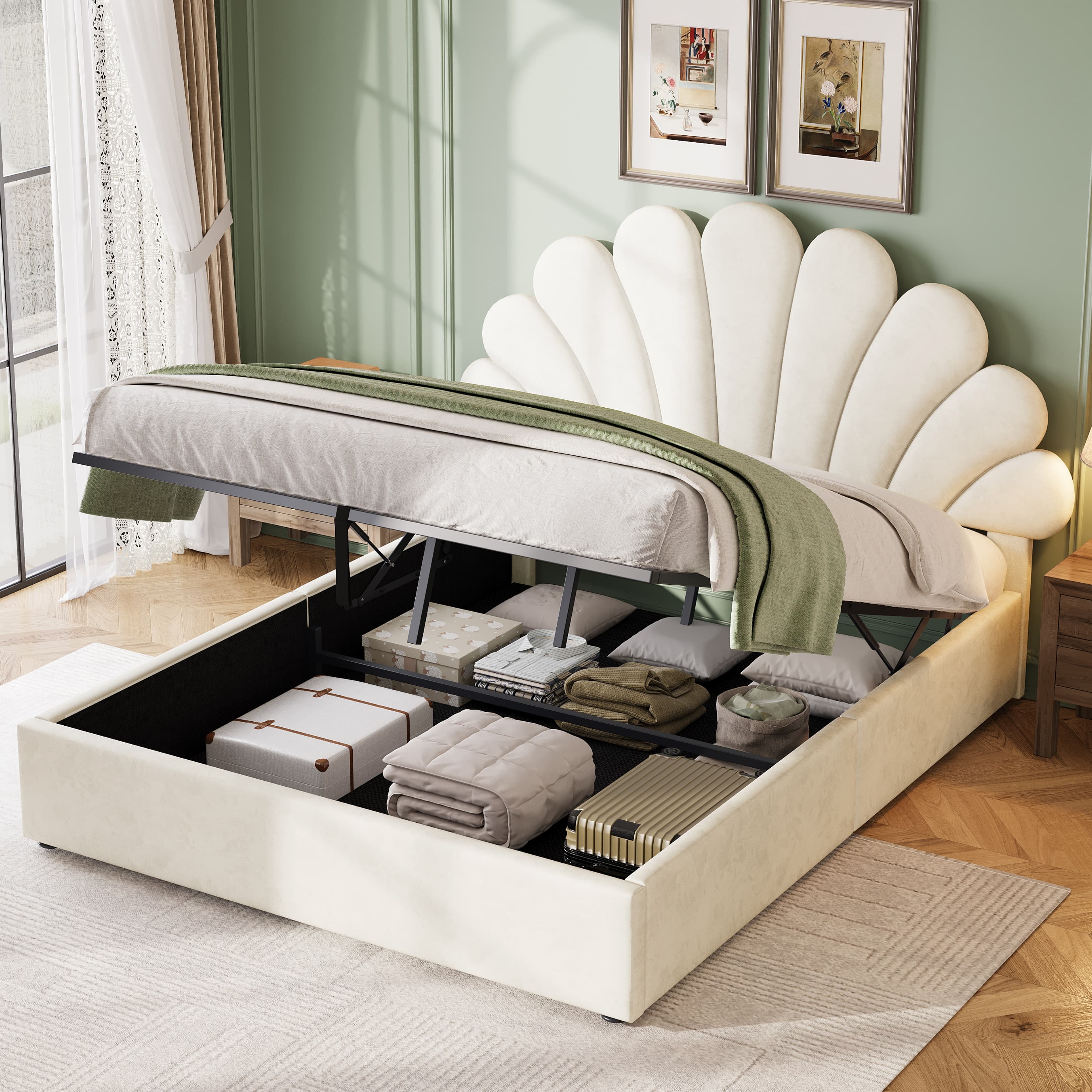 Chic Petal Headboard Bed with Effortless Hydraulic Storage