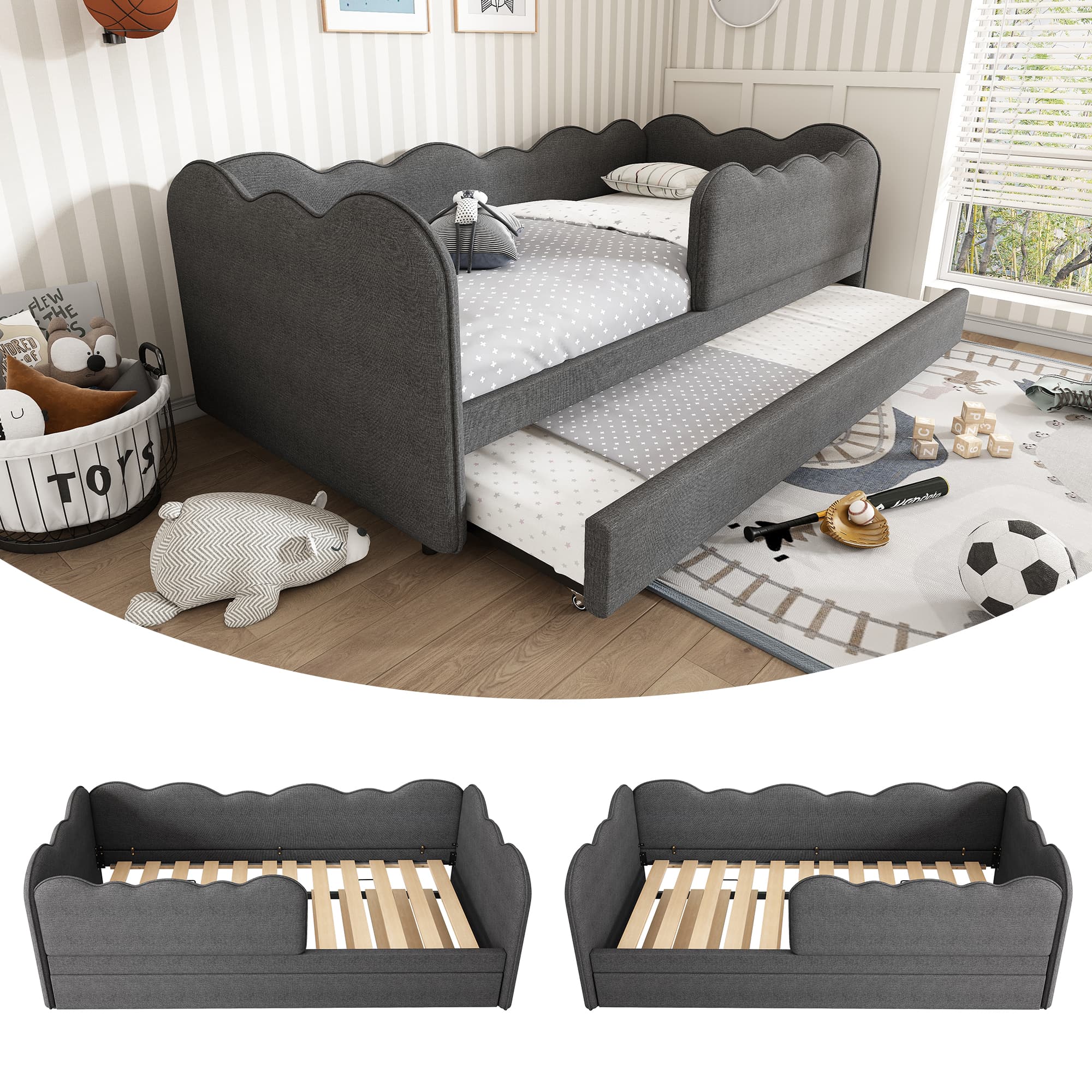 Chic Upholstered Daybed with Pull-Out Guest Trundle Bed