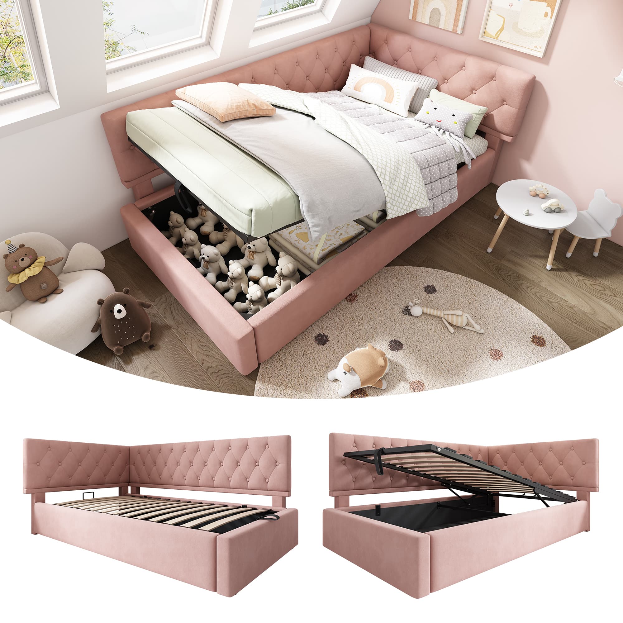 Stylish Single Daybed with Effortless Hydraulic Storage - Pink
