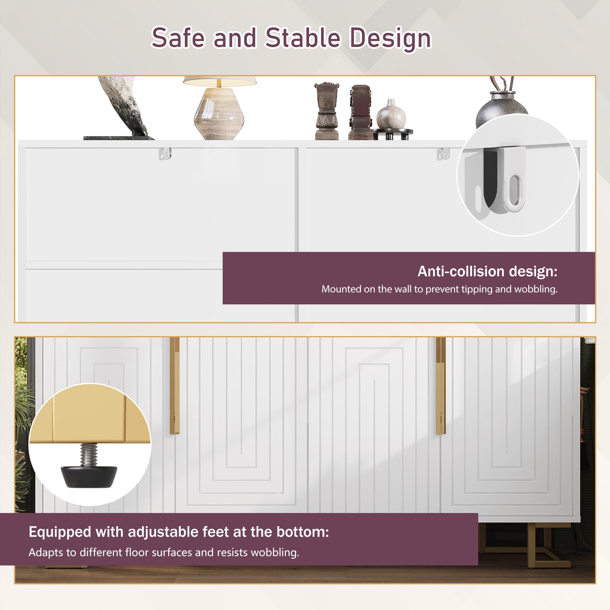 Elegant White & Gold Sideboard with Geometric Doors - image 2