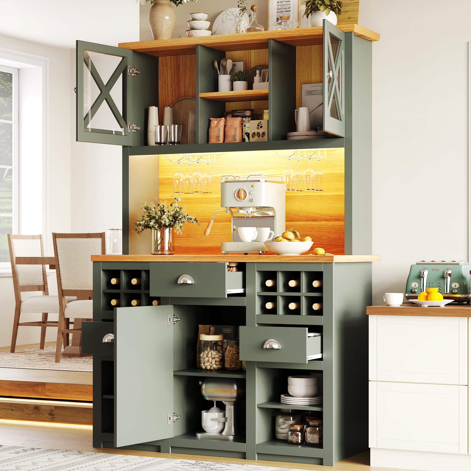 Green Sideboard with Glass Doors, Wine Rack & Power Outlets - image 3