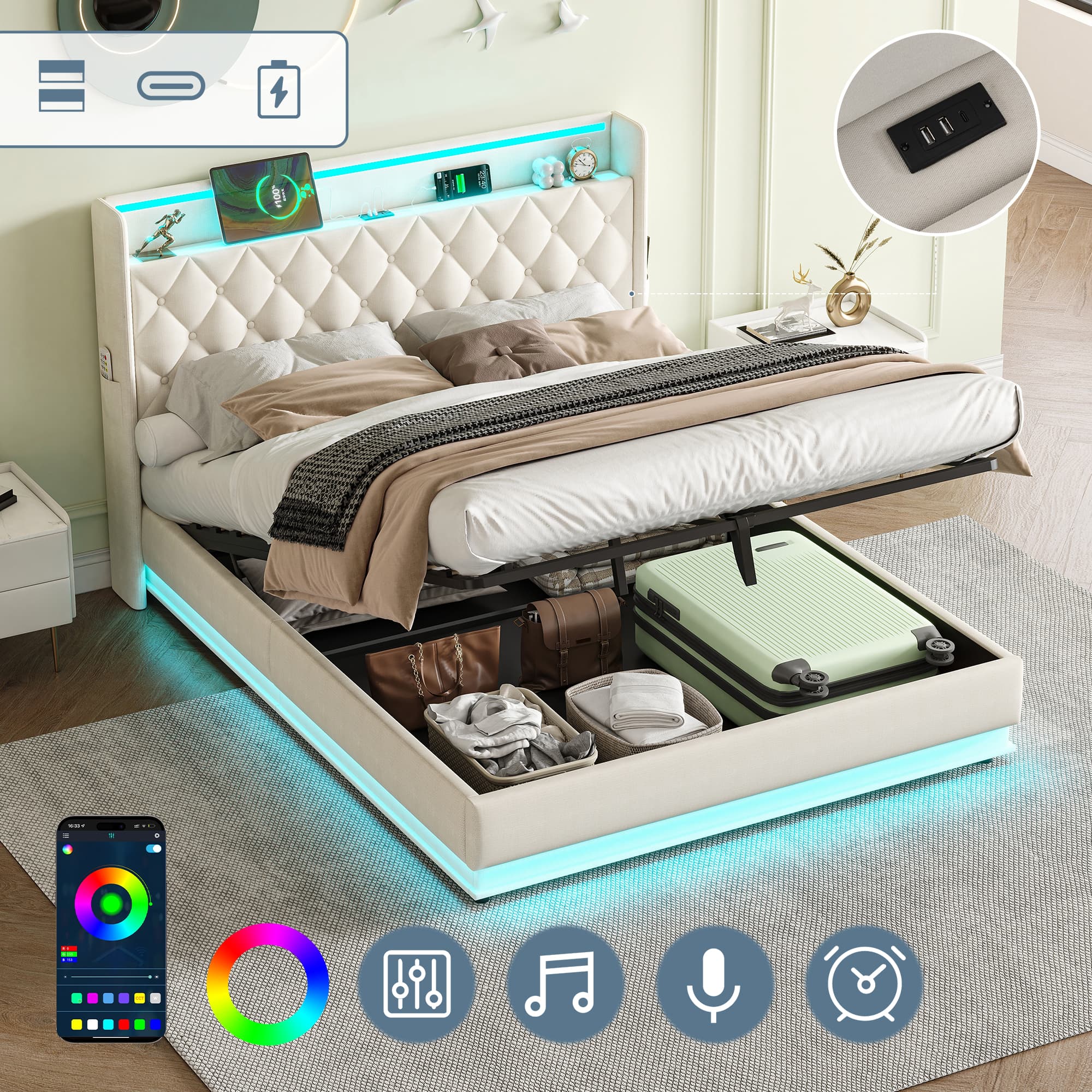 Transform Your Bedroom with Smart Storage & Ambient Lighting - Beige
