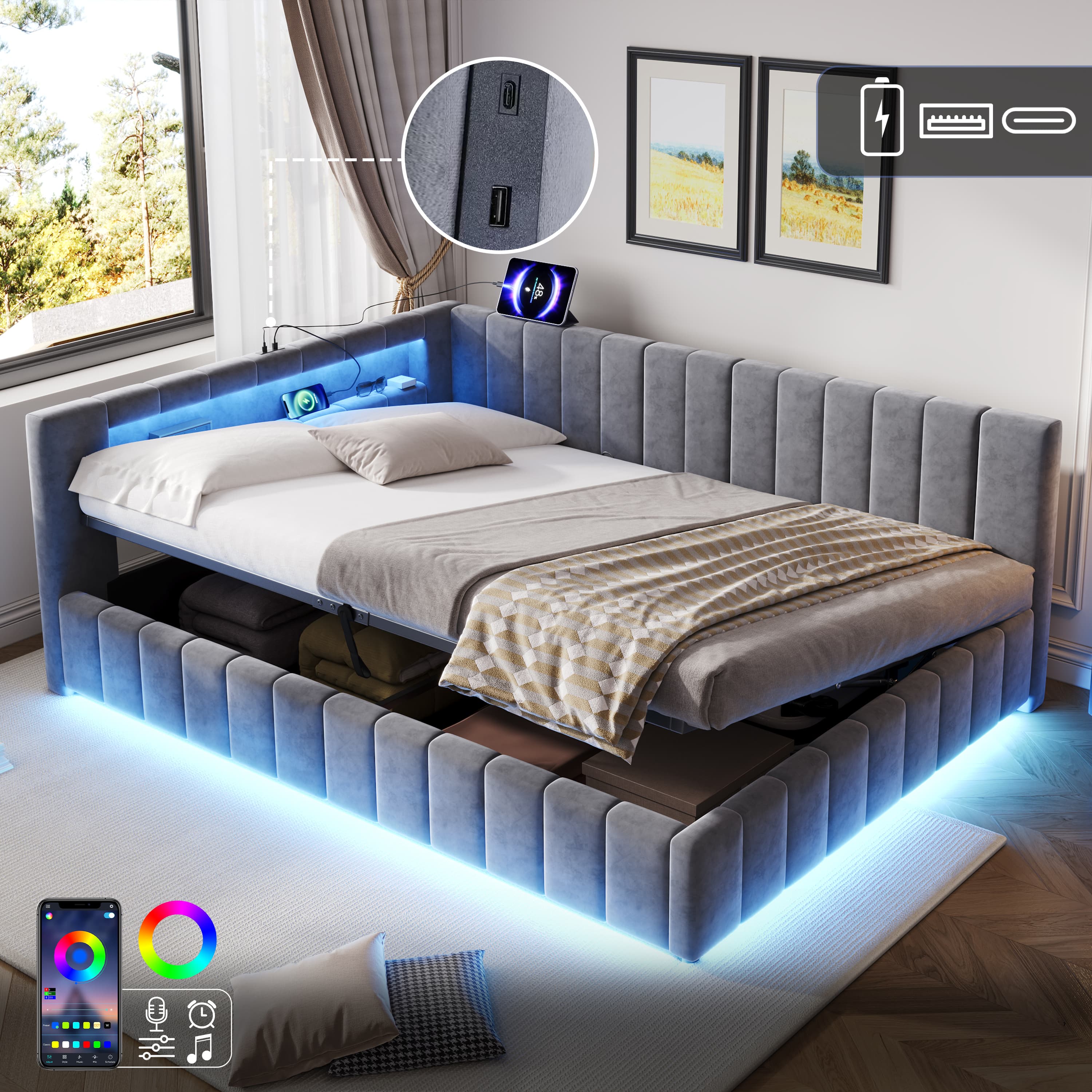 Smart Storage Bed with RGB LEDs & USB/Type-C Charging - Grey
