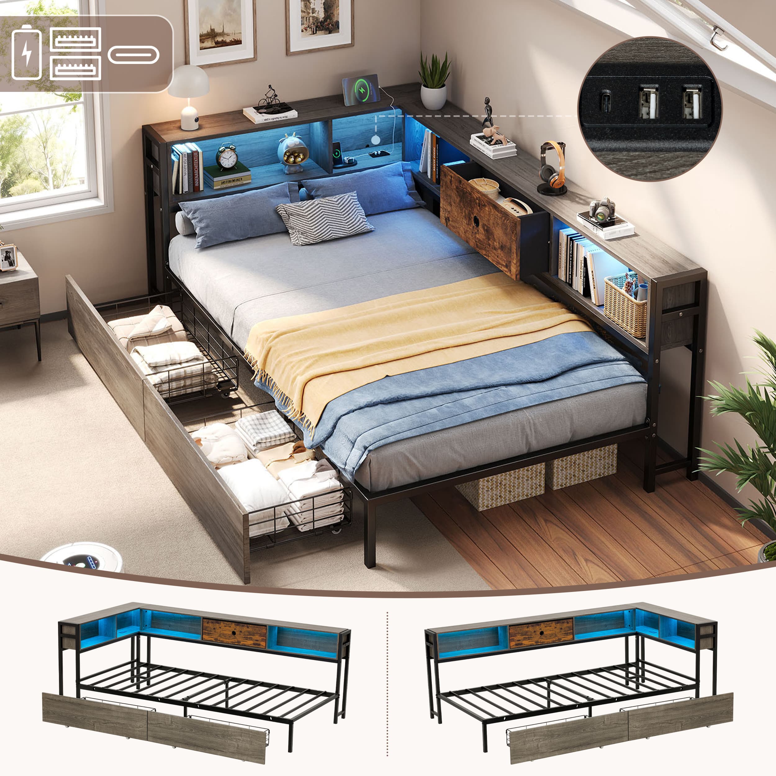 Smart Single Bed with Storage, LED Lights & Charging Station - Grey Rustic Brown