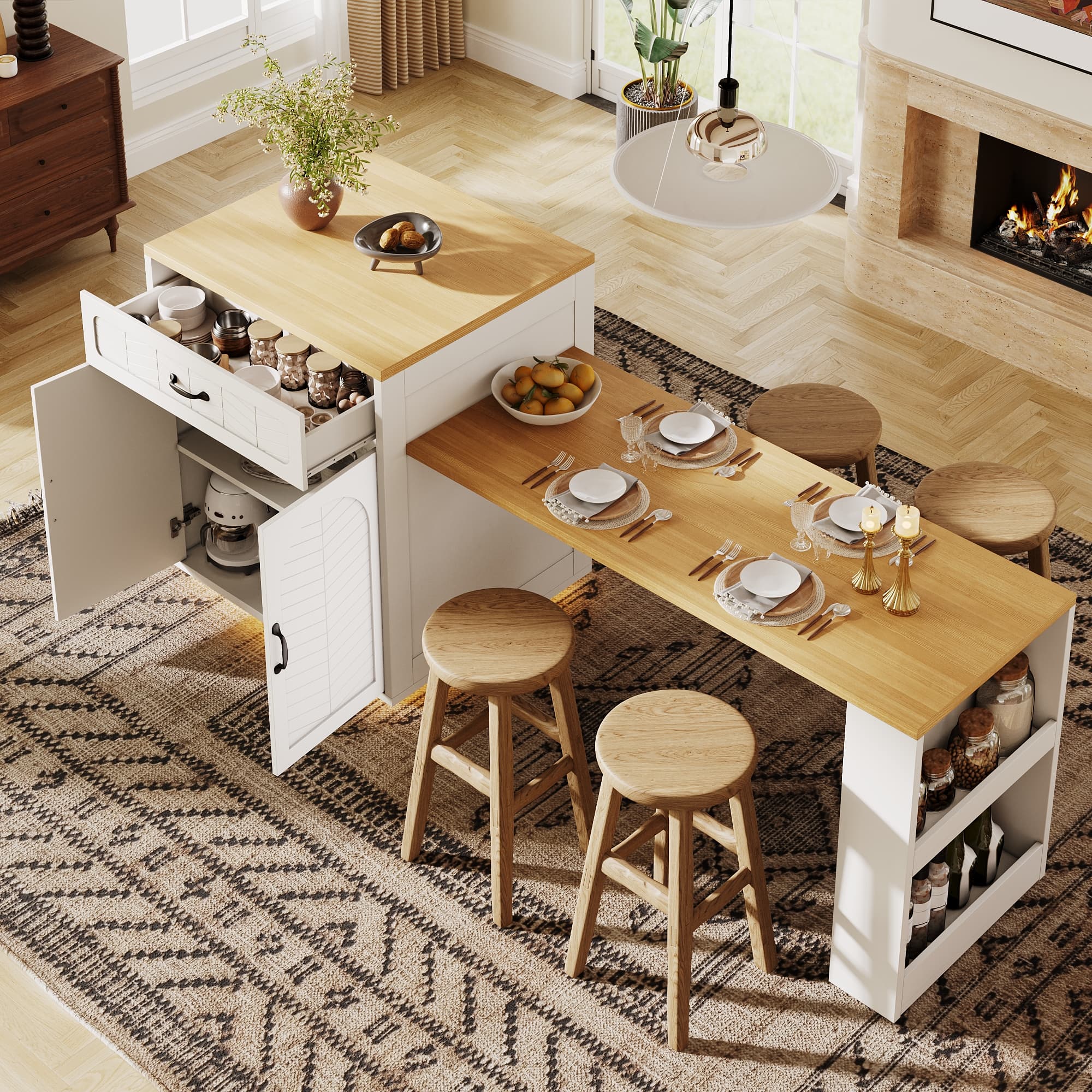 Multifunctional White Extendable Kitchen Island & Dining Space - image 1