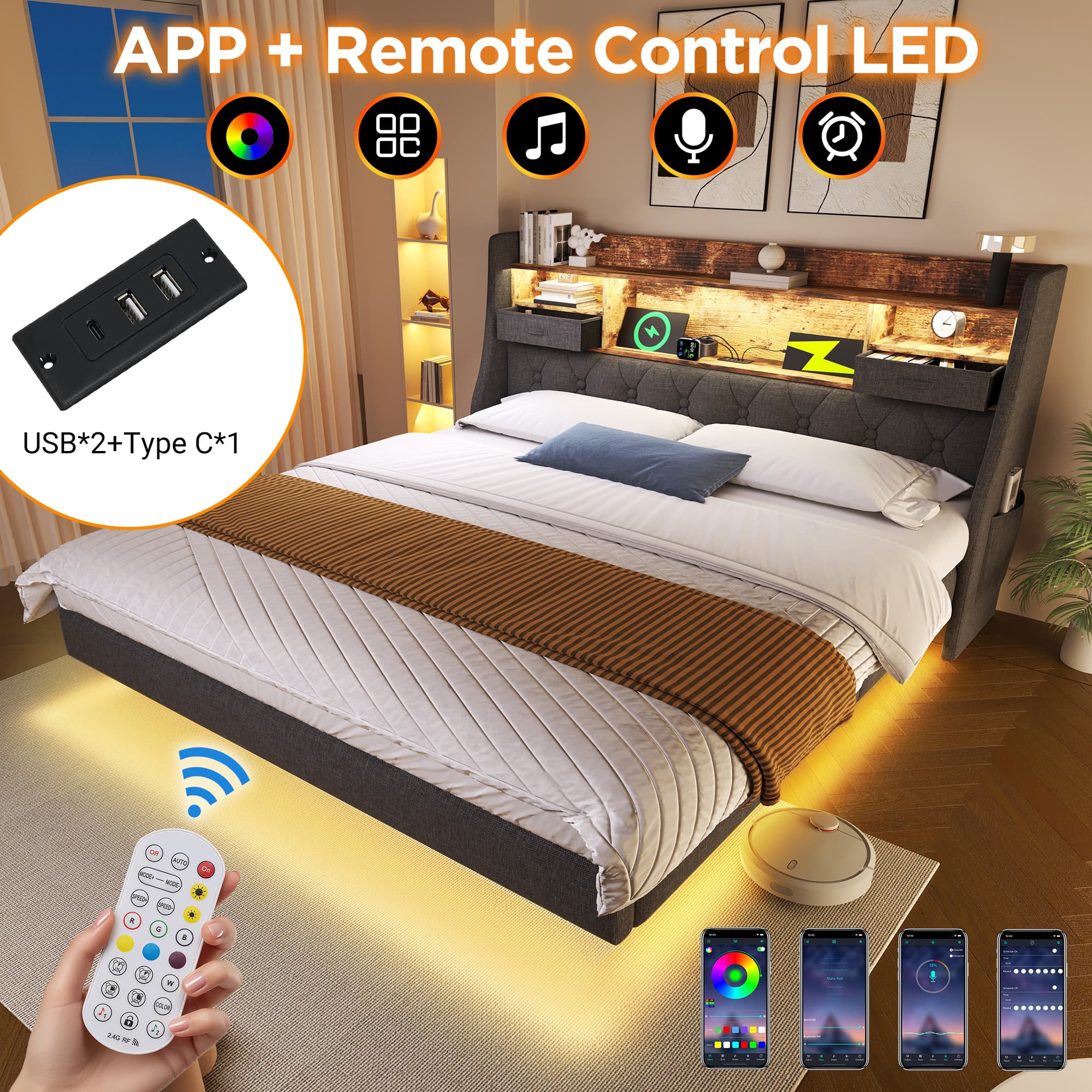 Grey Linen Double Floating Bed with LED & Device Charging - image 4