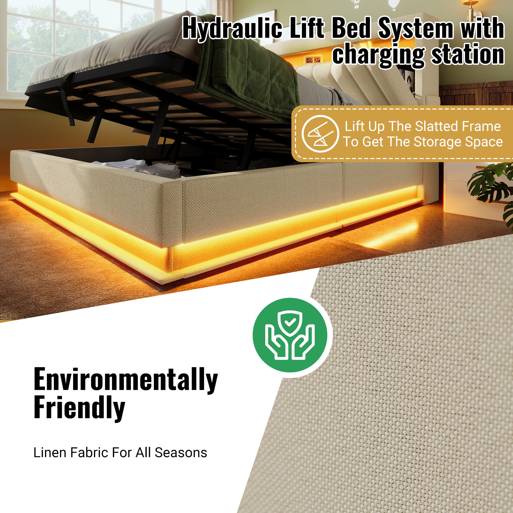 Beige Linen Double Ottoman Bed with Smart LED & Storage - image 1