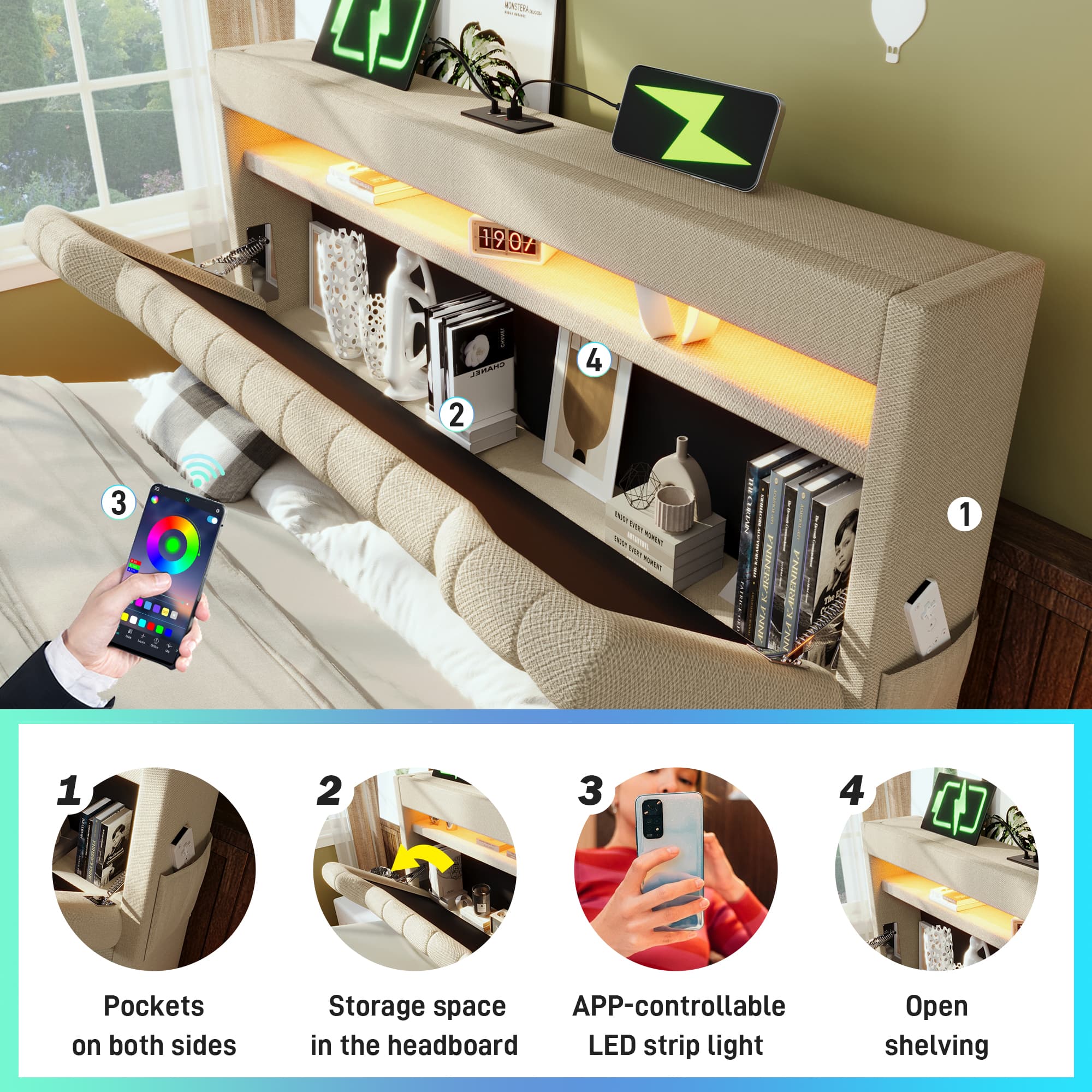Beige Linen Double Ottoman Bed with Smart LED & Storage - image 4