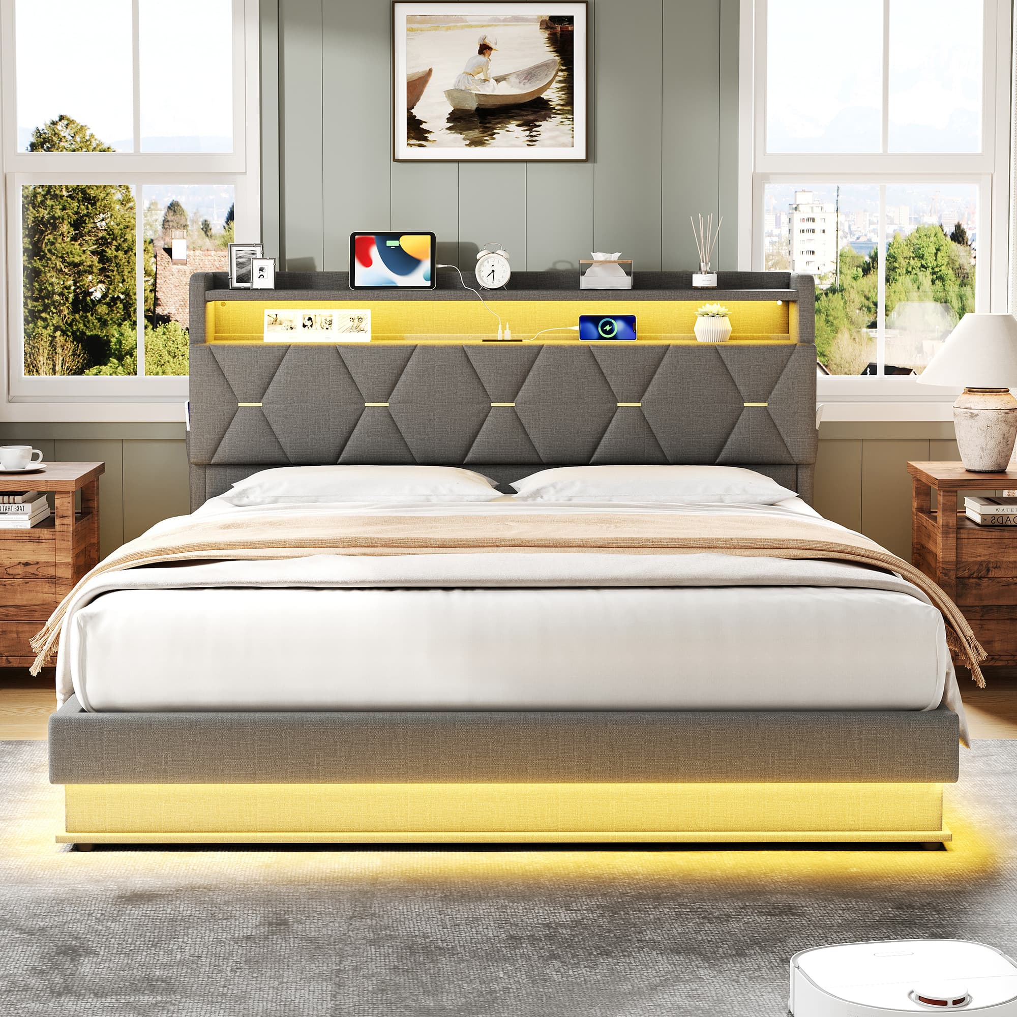 Grey Linen Double Ottoman Bed with Smart LED Storage - image 3