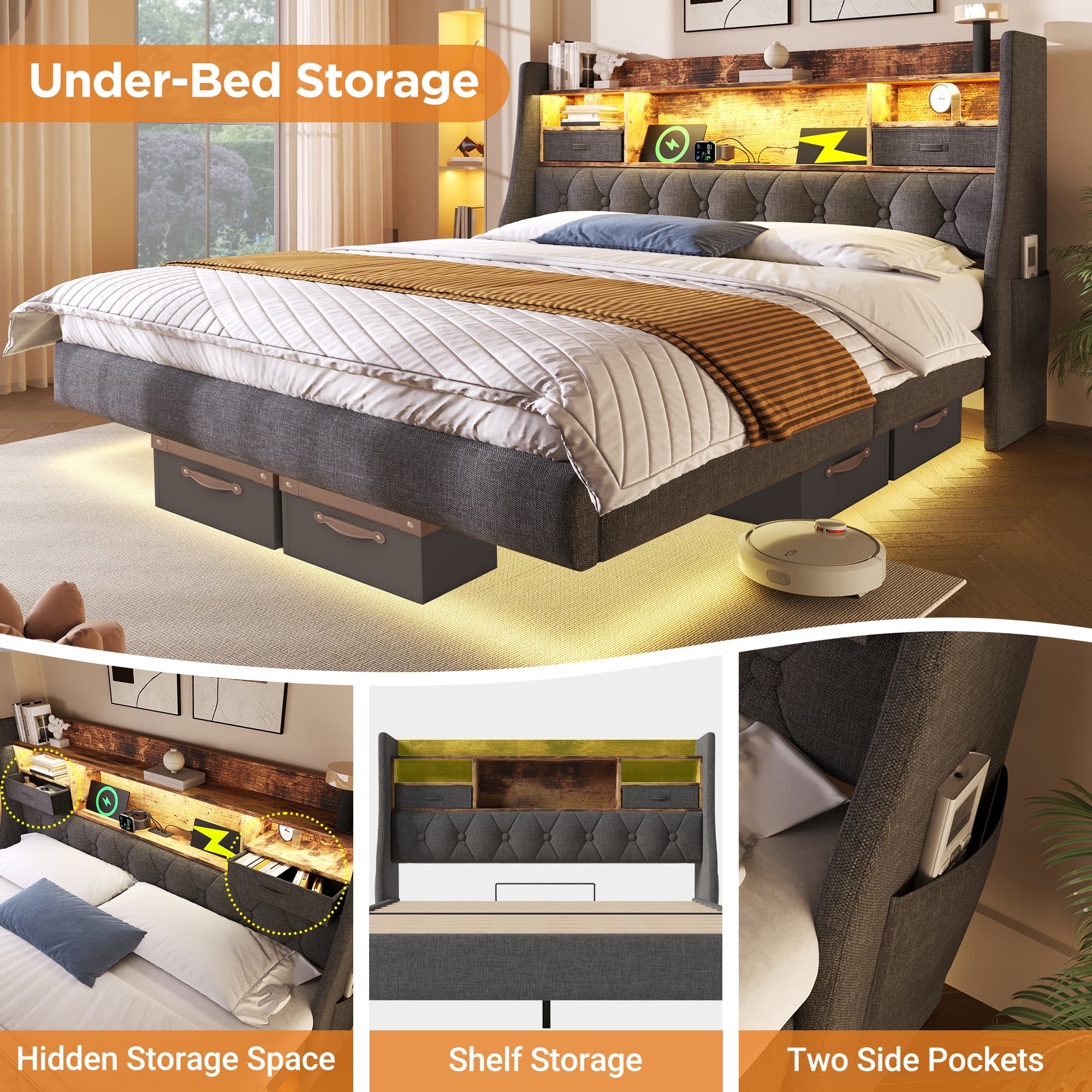 Grey Linen Double Floating Bed with LED & Device Charging - image 2