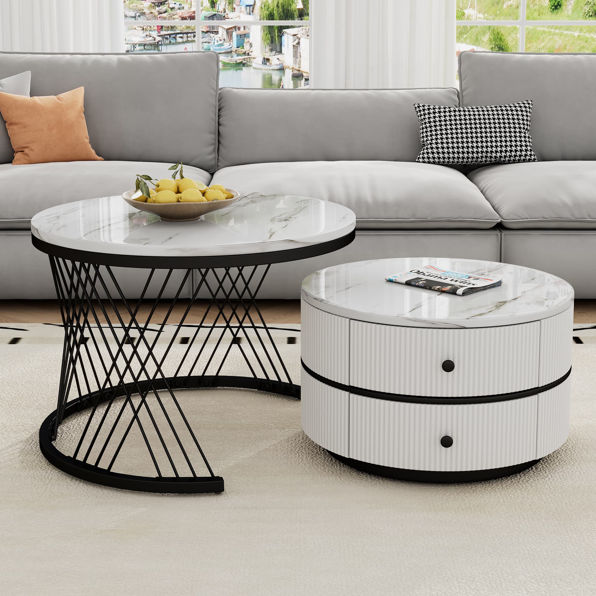 Premium White & Gold Marble Nesting Coffee Table Set - White