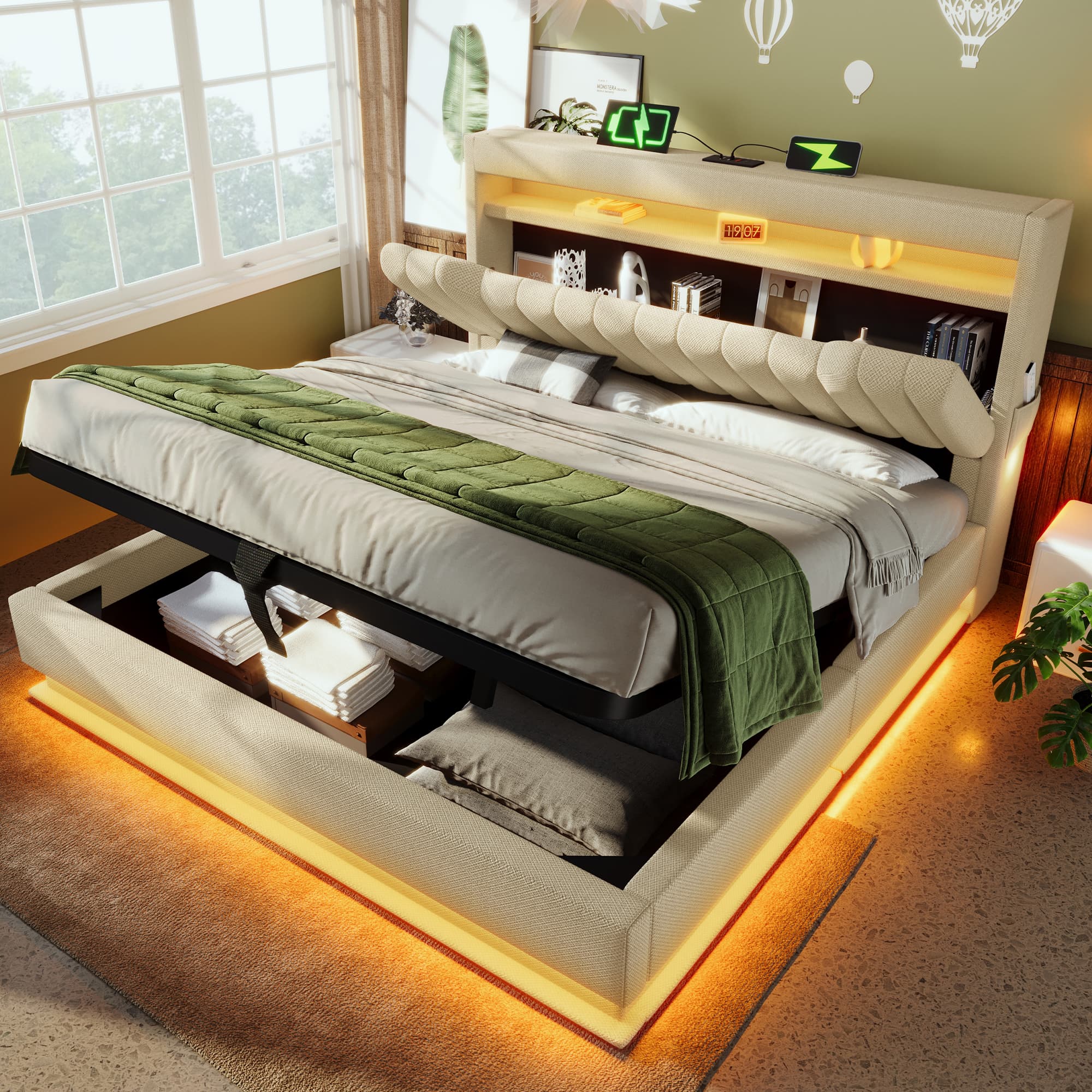 Beige Linen Double Ottoman Bed with Smart LED & Storage