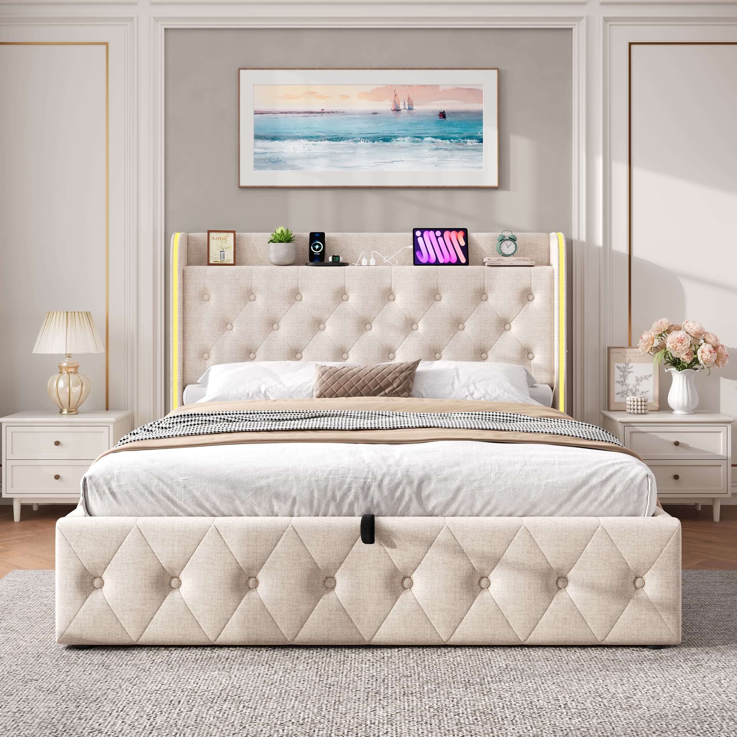 Beige Linen Double Ottoman Bed with Smart LED Headboard - image 2