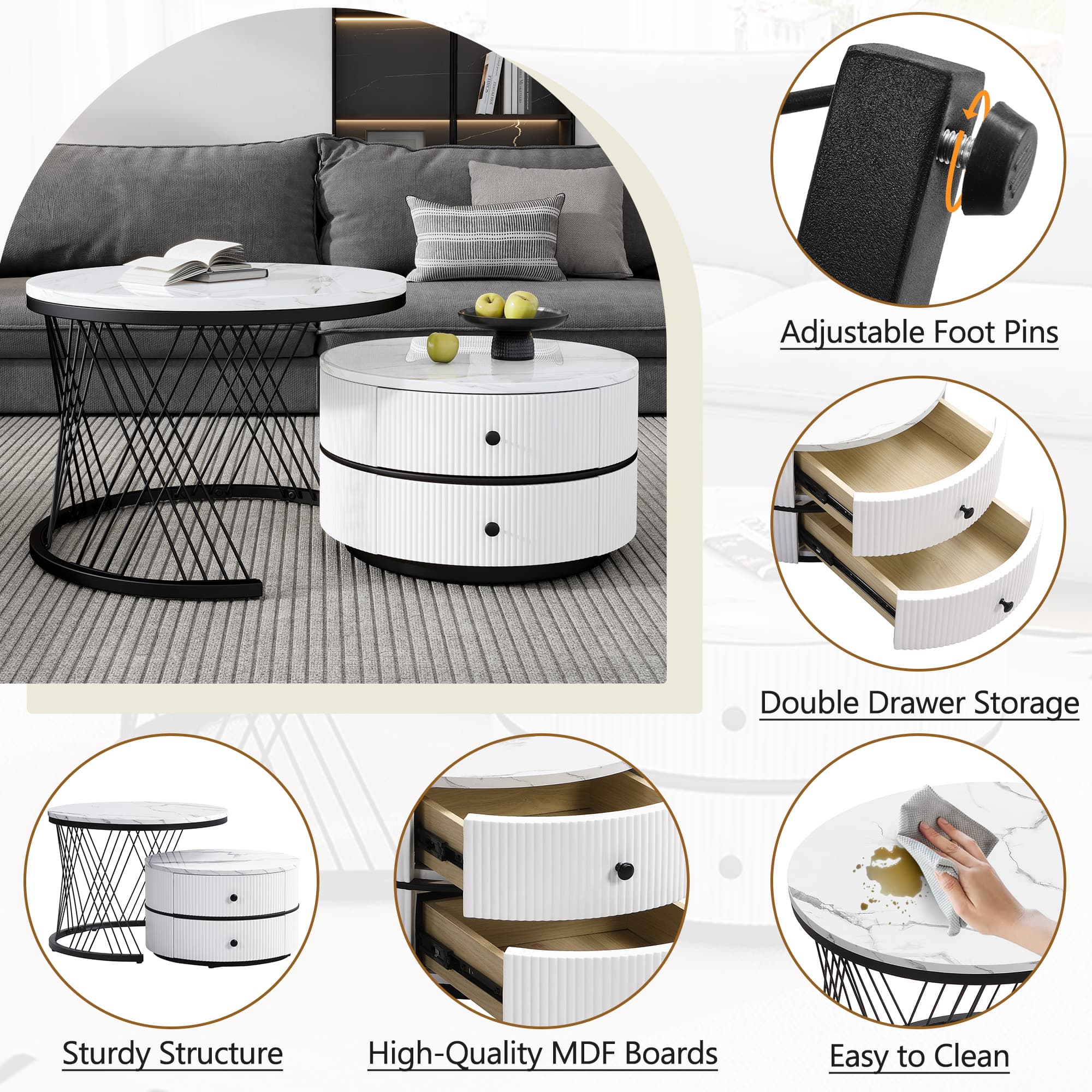 Premium White & Gold Marble Nesting Coffee Table Set - image 2