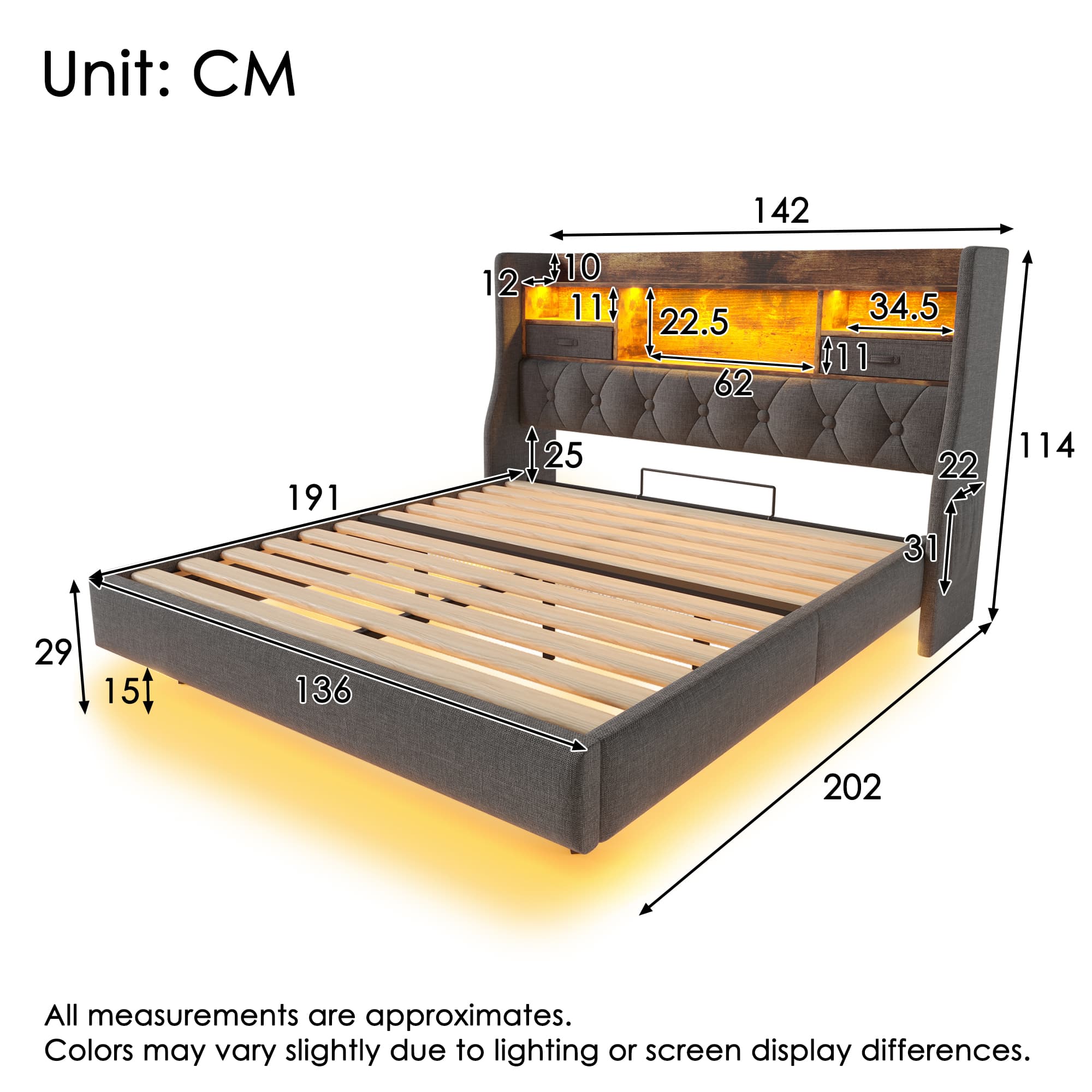 Grey Linen Double Floating Bed with LED & Device Charging - image 3