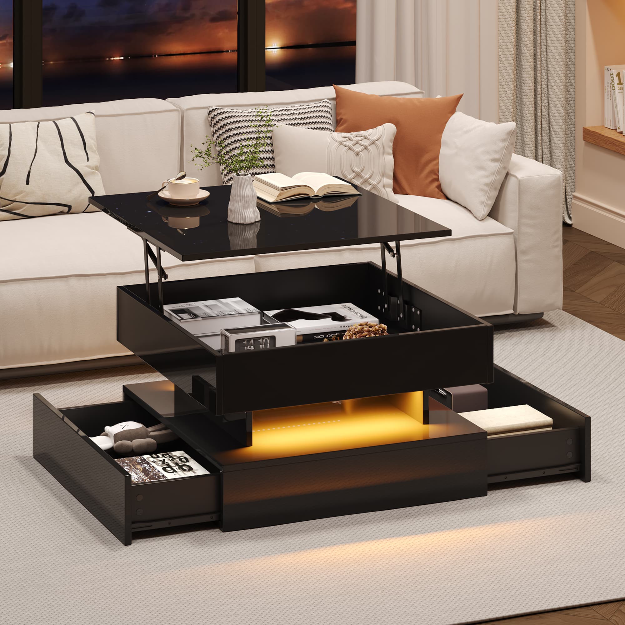 Transform Your Lounge with this Black LED Lift-Top Coffee Table - Black