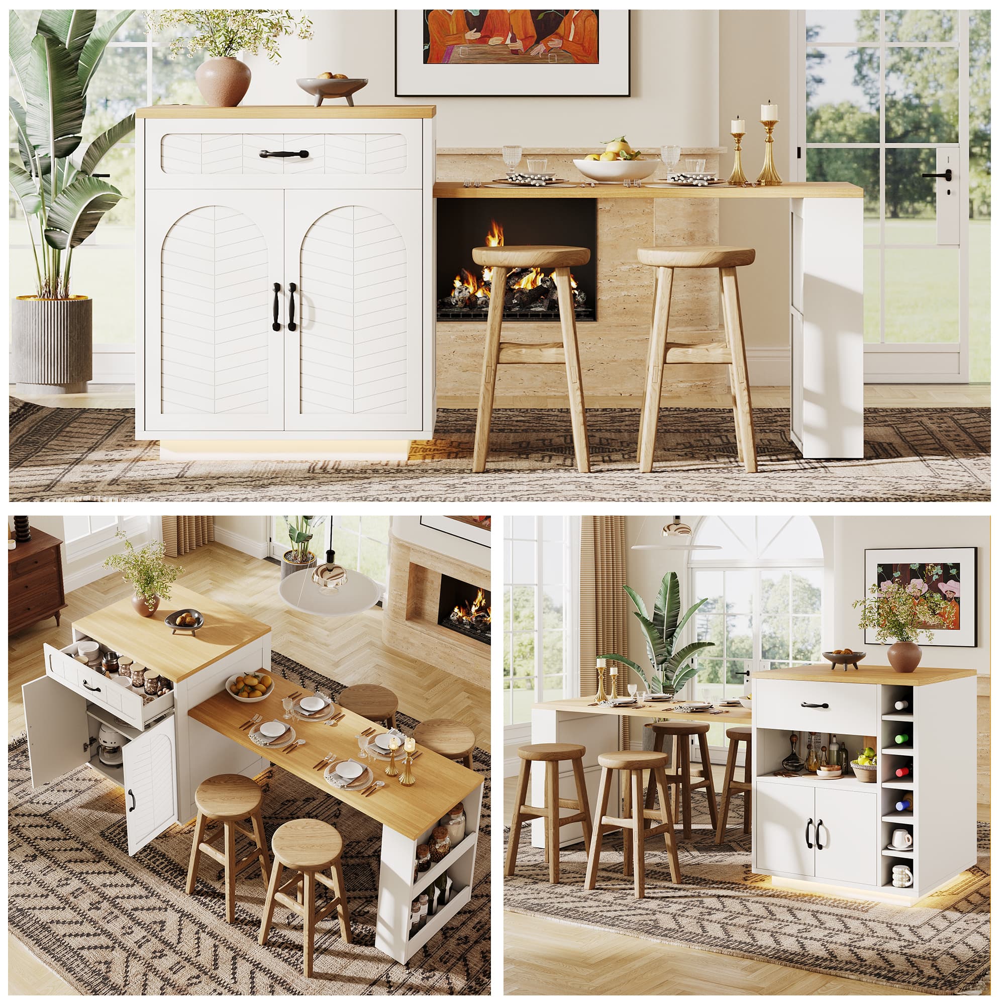 Multifunctional White Extendable Kitchen Island & Dining Space - White