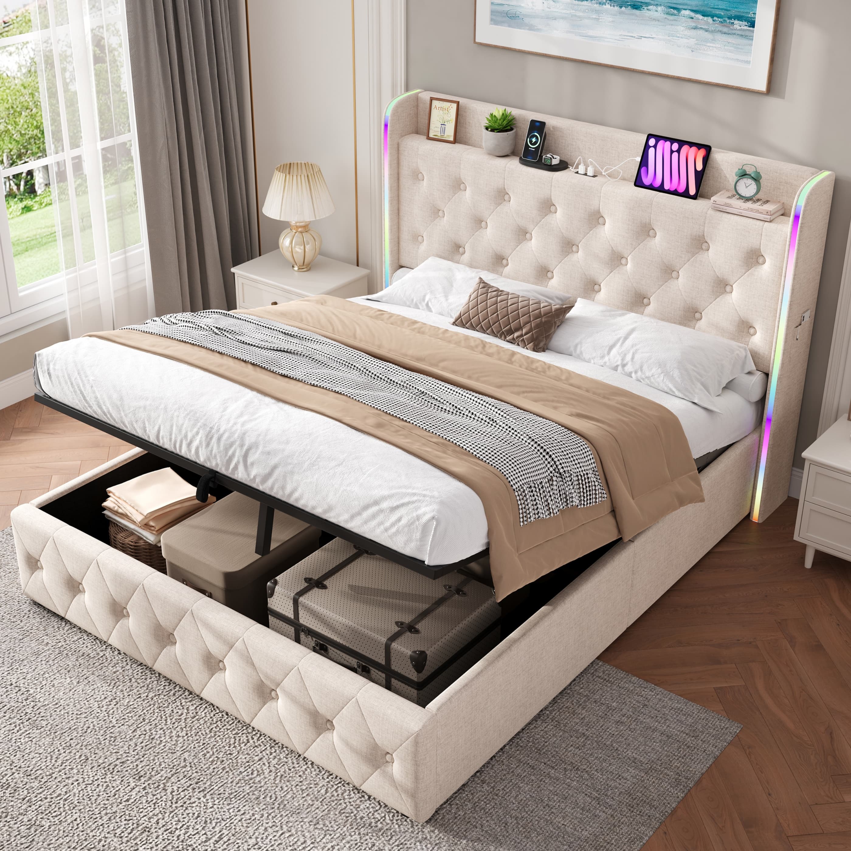 Beige Linen Double Ottoman Bed with Smart LED Headboard - image 3