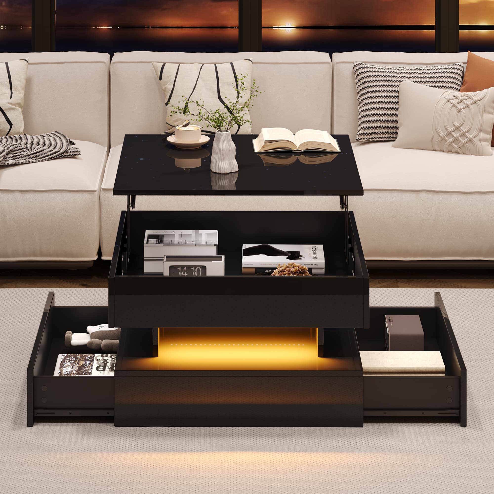 Transform Your Lounge with this Black LED Lift-Top Coffee Table - image 1