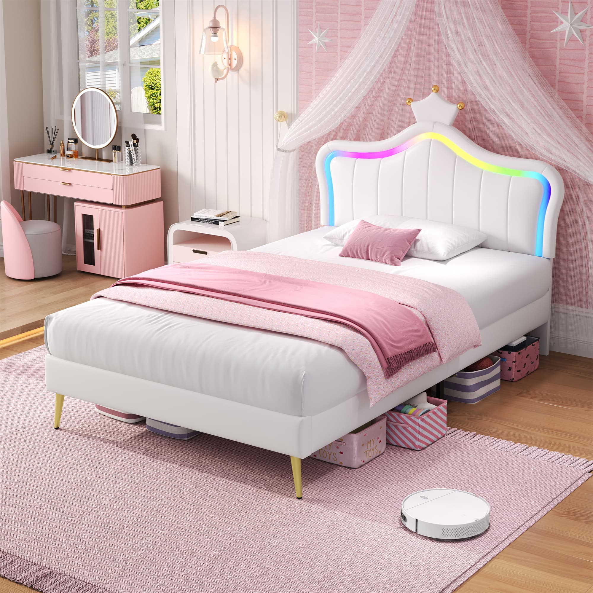 Transform Your Bedroom with the Cream White LED Crown Bed - image 4
