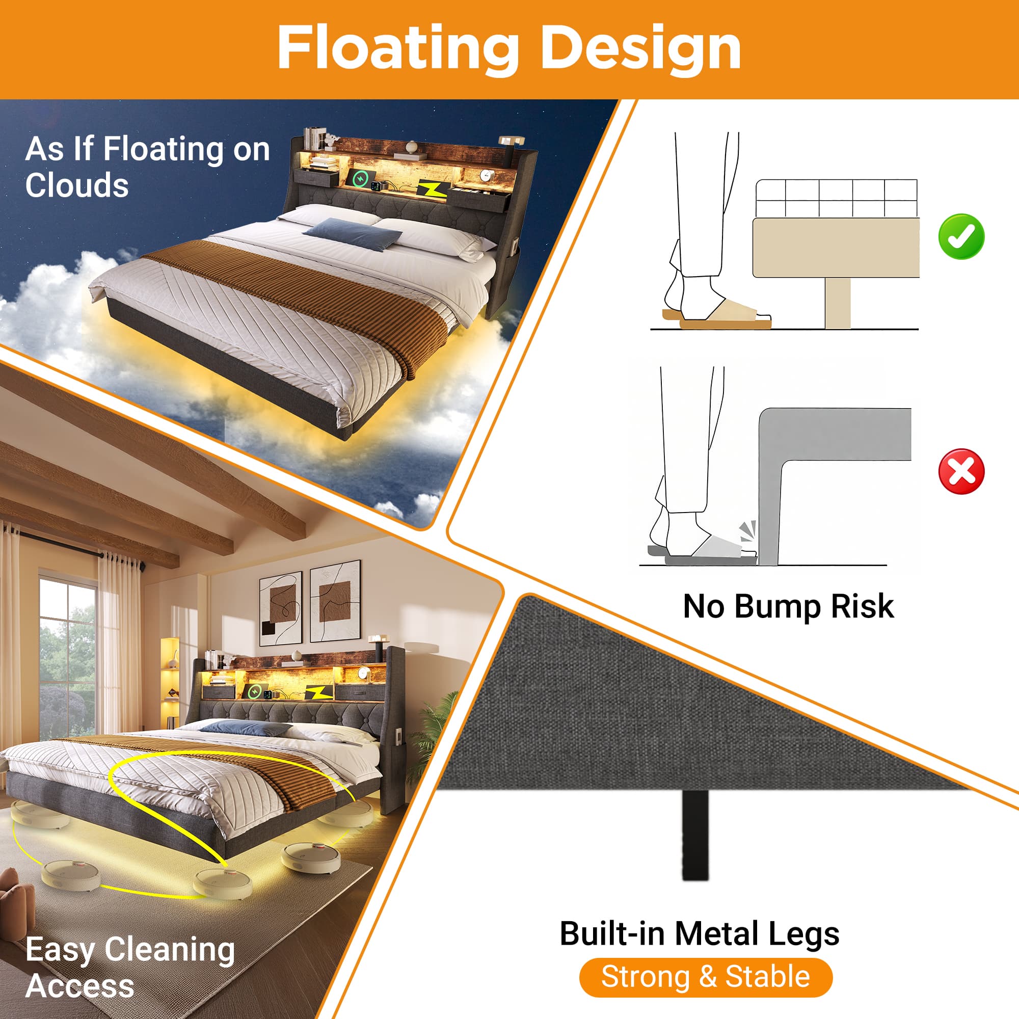 Grey Linen Double Floating Bed with LED & Device Charging - image 1