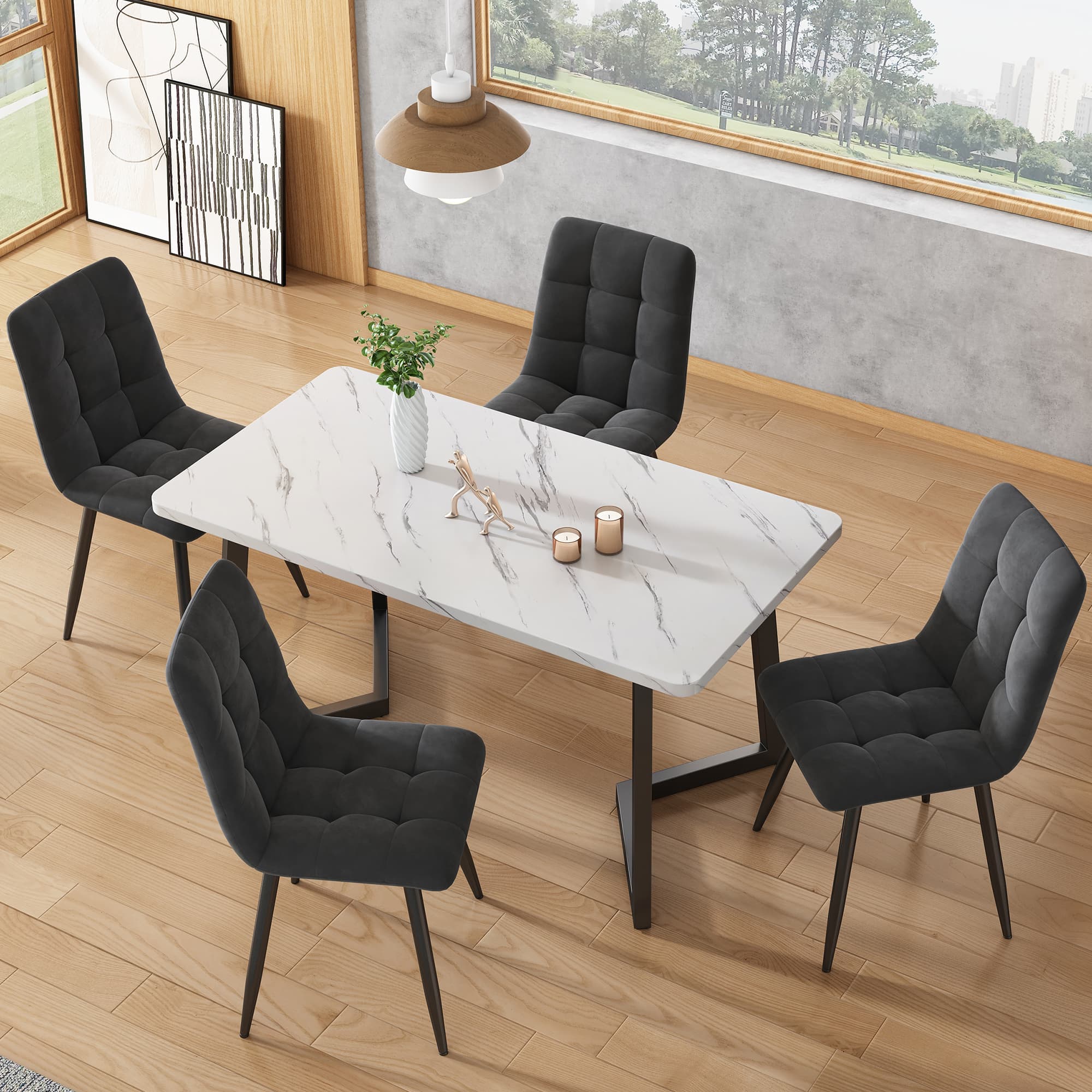 Modern 117cm Dining Table Set with 4 Dark Grey Velvet Chairs - image 5