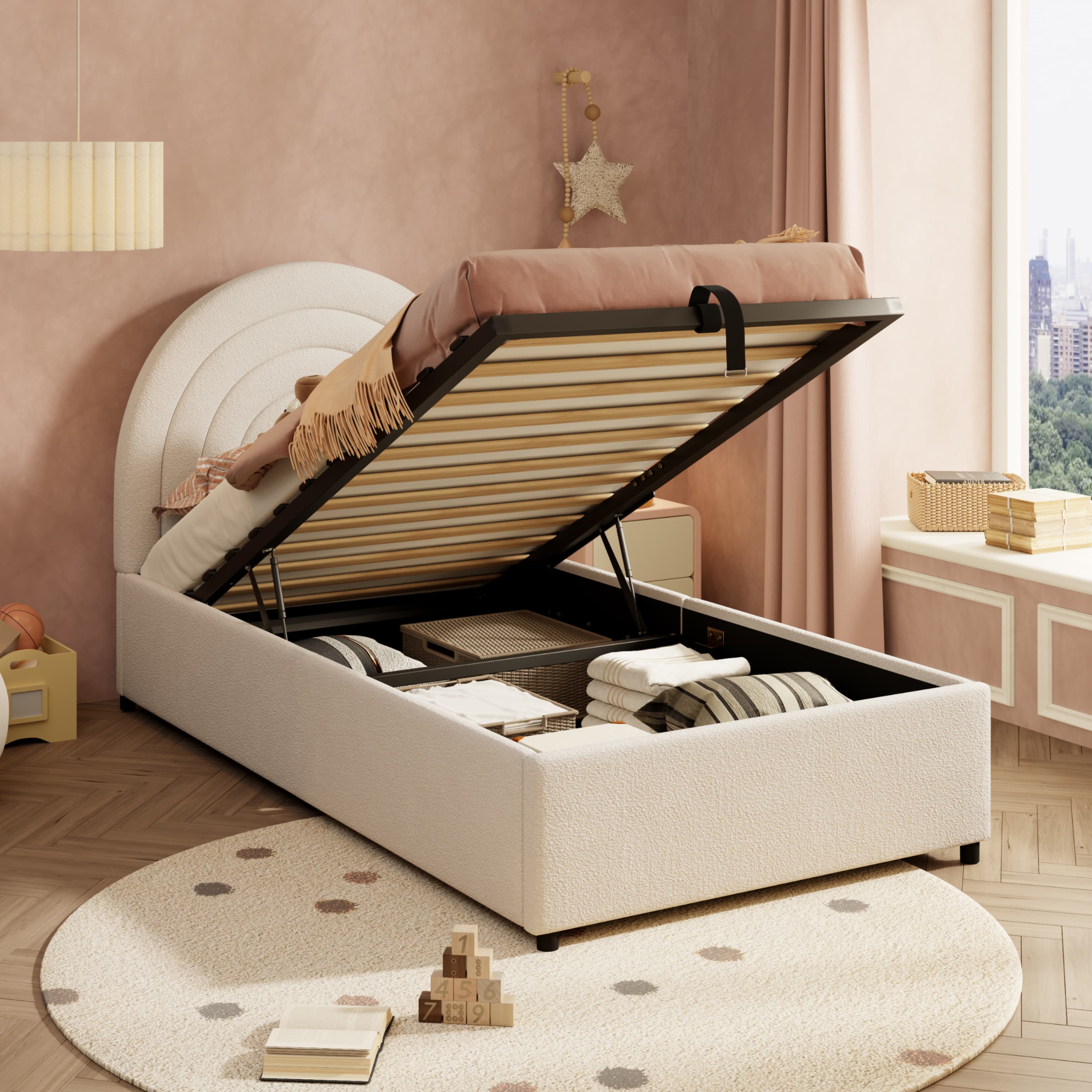 Transform Your Space with this Beige Boucle Single Ottoman Bed - Beige