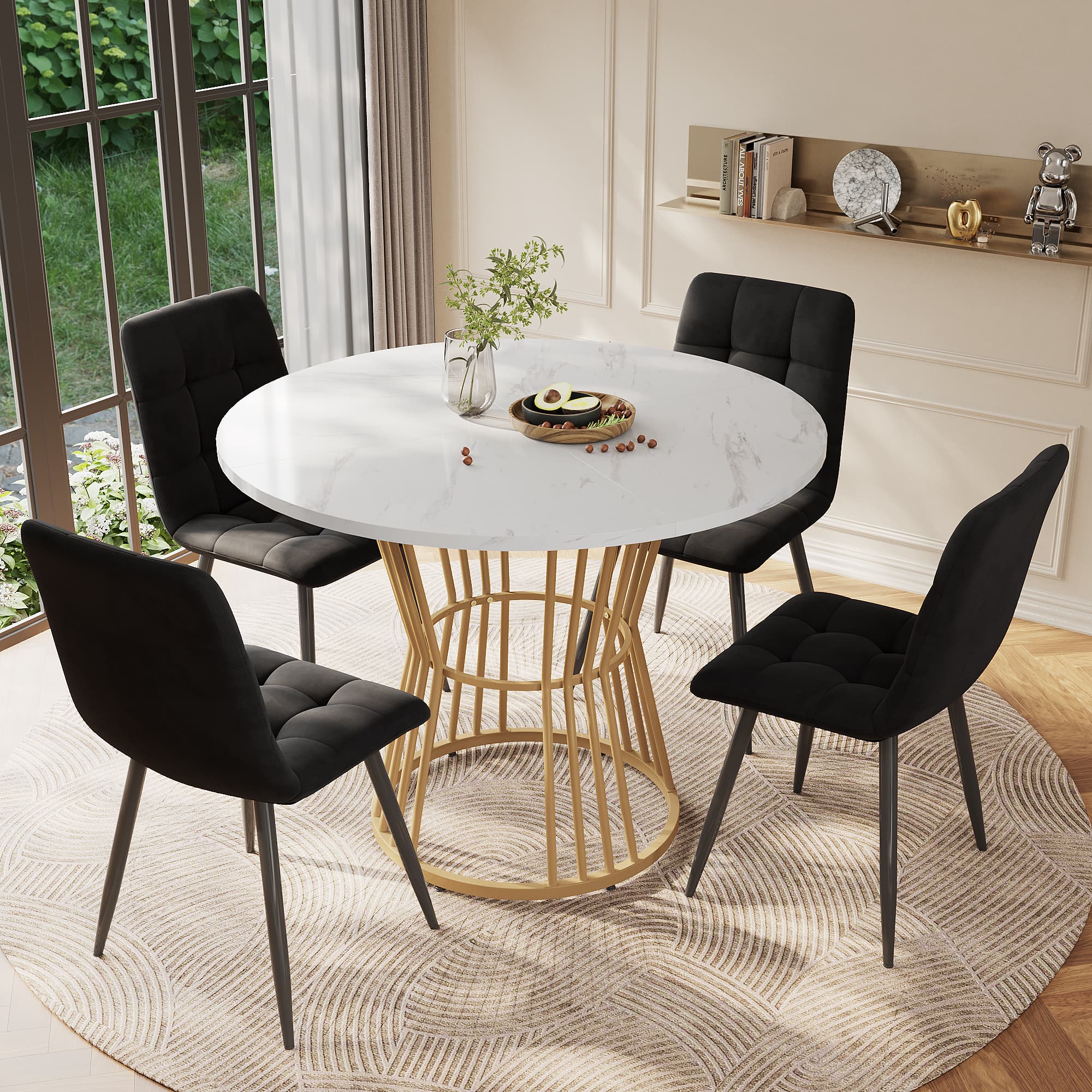 Discover the Villalta Home 100cm Marble Effect & Velvet Dining Set