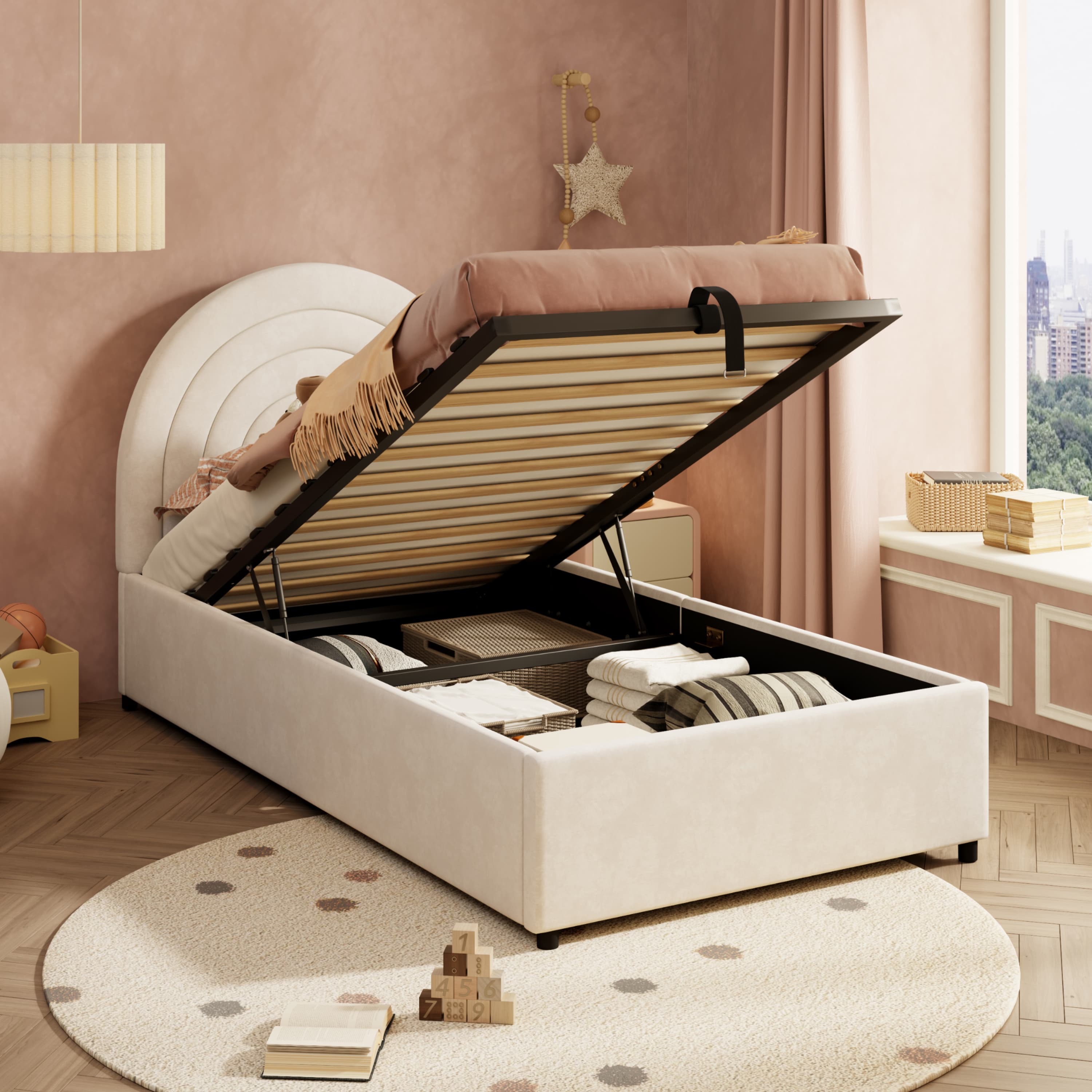 Transform Your Space with this Beige Velvet Single Ottoman Bed - Beige