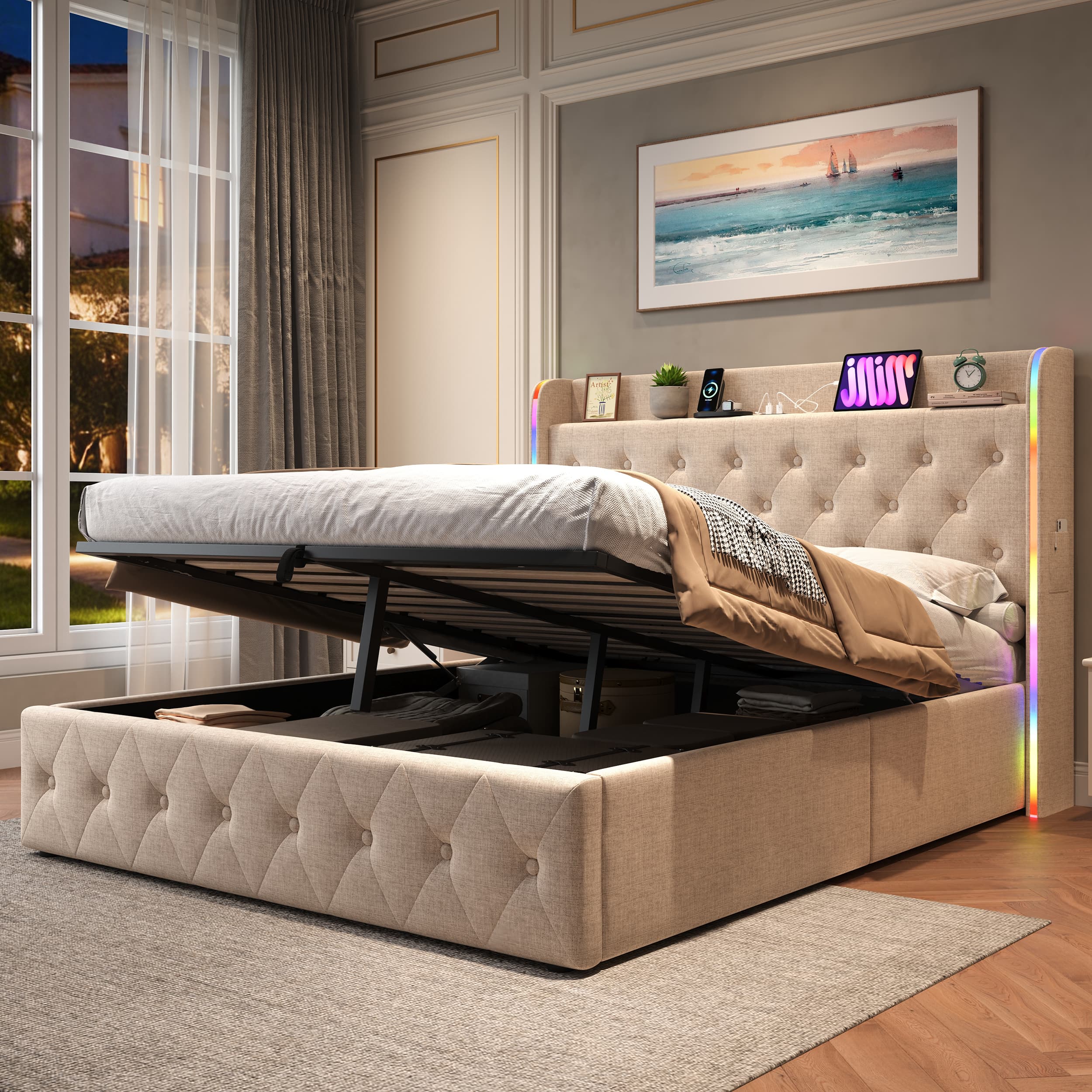 Beige Linen Double Ottoman Bed with Smart LED Headboard - image 4