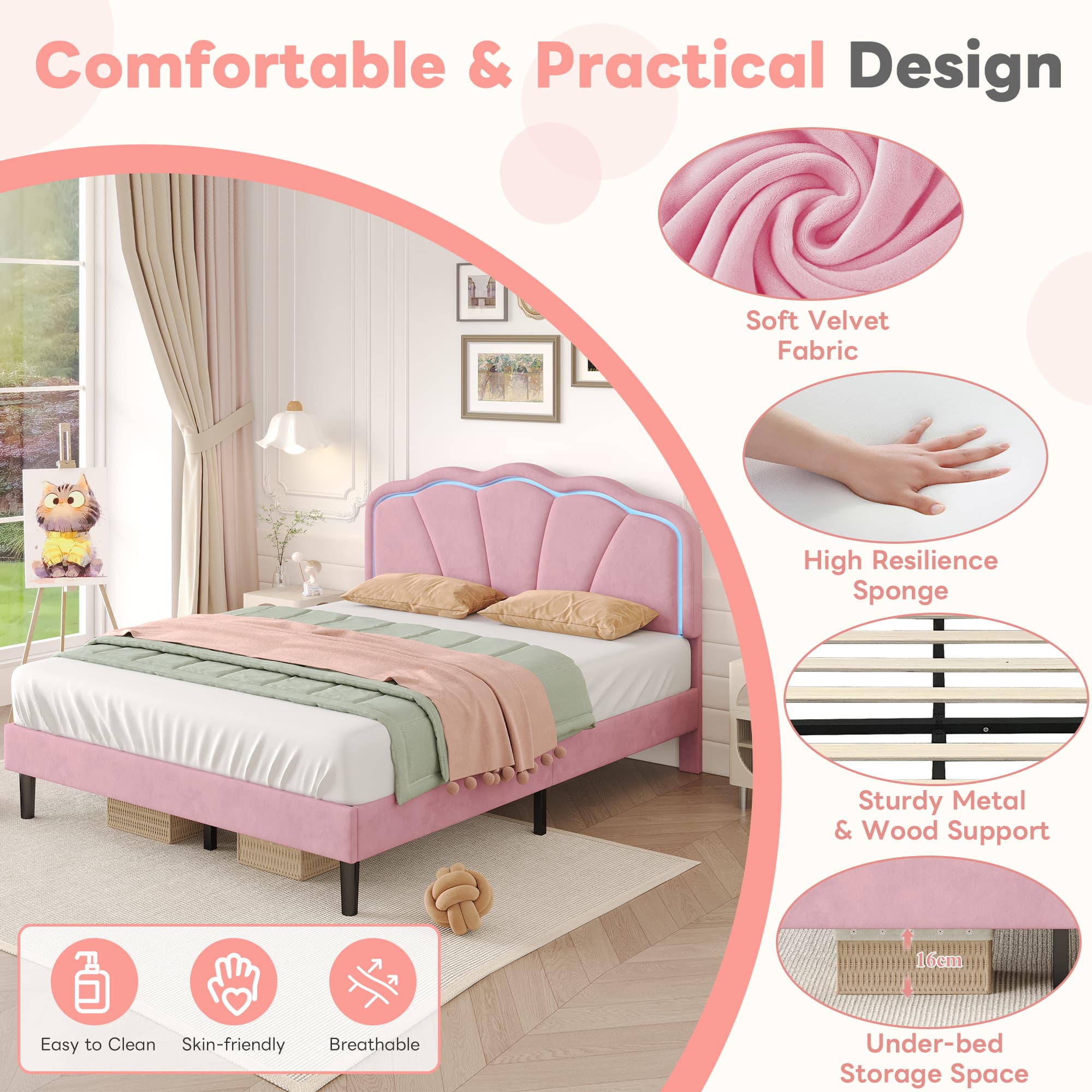Transform Your Space with this Pink Velvet LED Double Bed - image 2