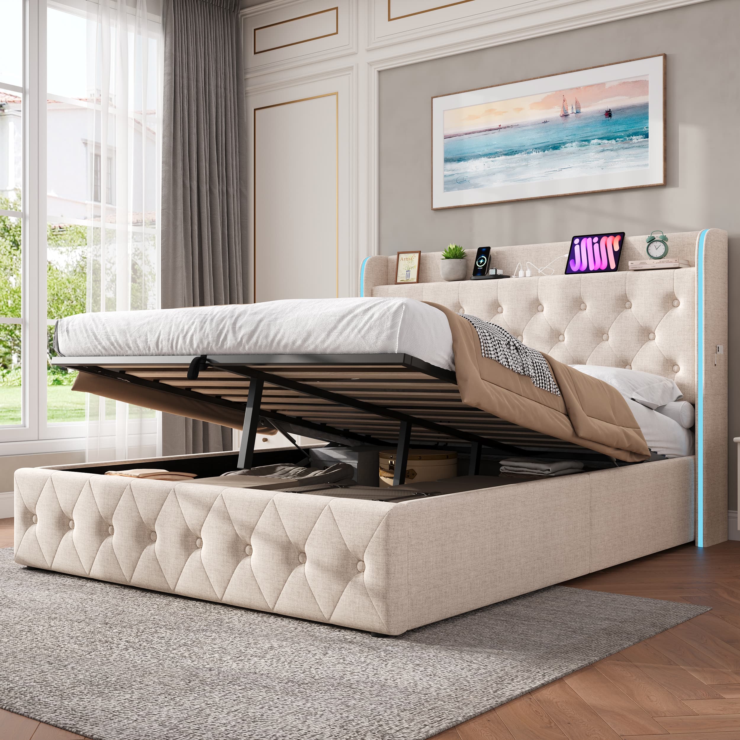 Beige Linen Double Ottoman Bed with Smart LED Headboard - image 5