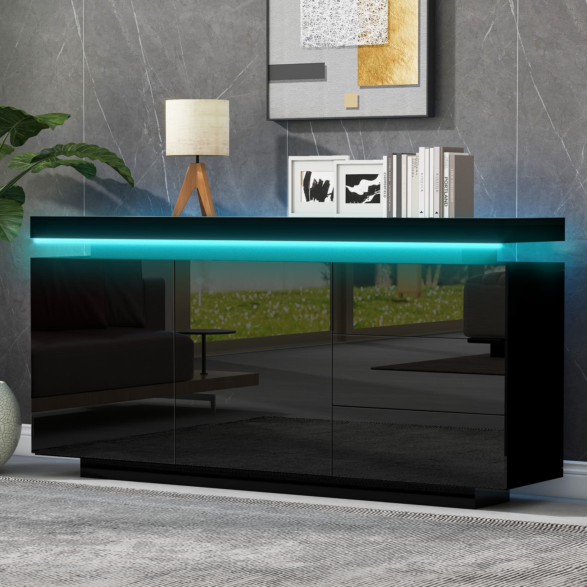 Modern Black High Gloss Sideboard with Ambient LED Lighting - Black