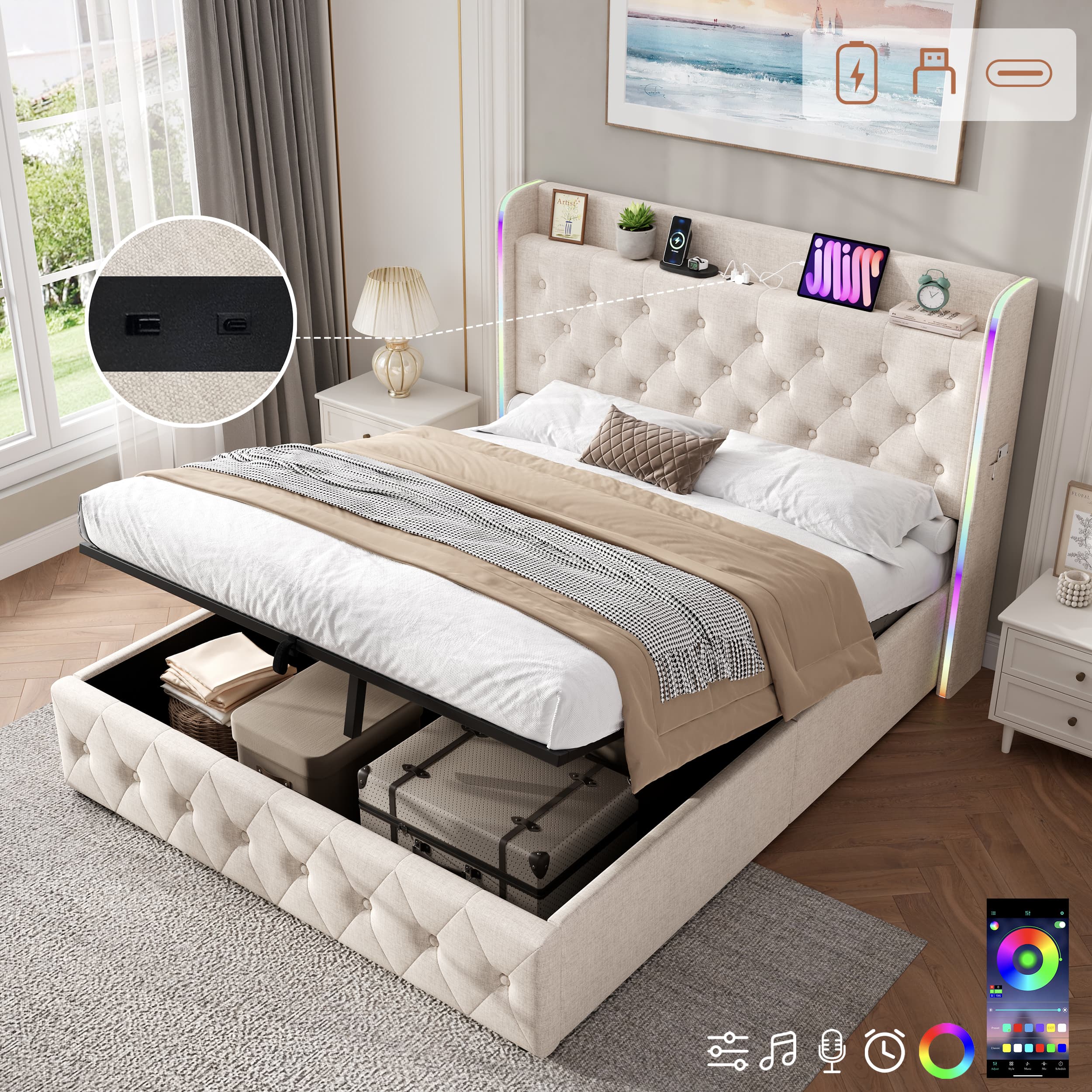 Beige Linen Double Ottoman Bed with Smart LED Headboard