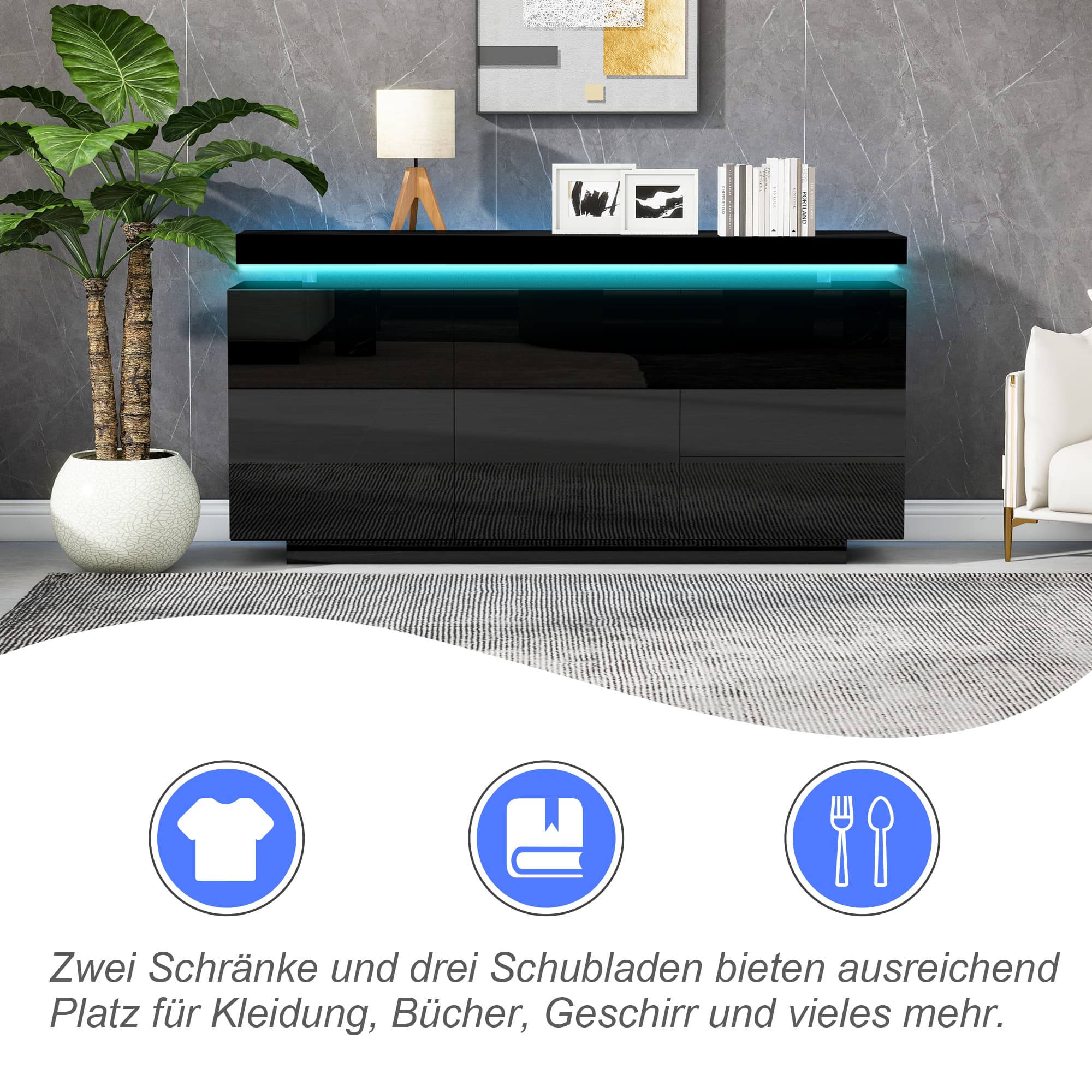Modern Black High Gloss Sideboard with Ambient LED Lighting - image 2